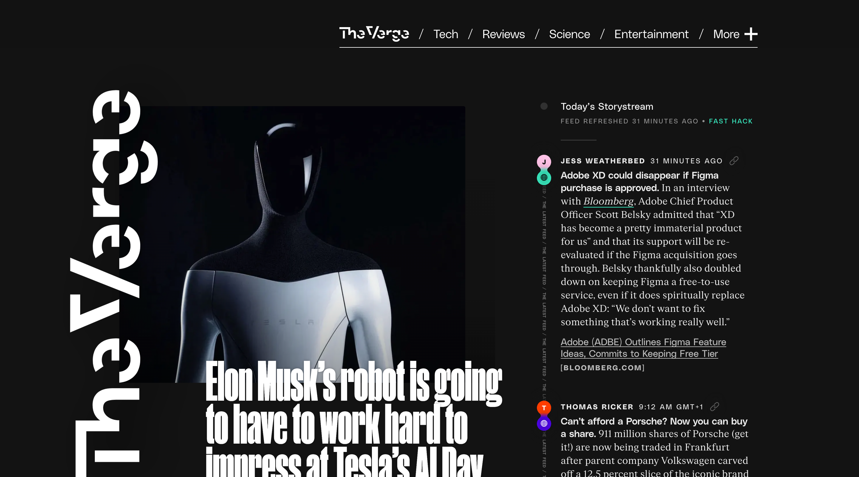 Screenshot of the Verge home page. The header contains the Verge logo and main site navigation. The Verge logo is also displayed down the left side of the screen, on its side. The featured article's title and image is in the center of the screen. On the right side there is a 'storystream' with blocks of text summarising additional stories.
