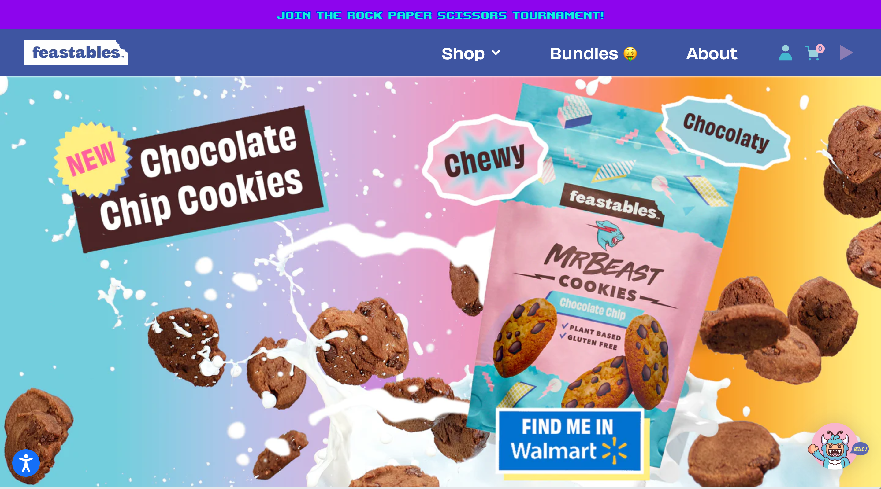 Screenshot of the Feastables home page. A header contains the Feastables logo and main site navigation. The hero section shows the packaging for 'Mr Beast Chocolate Chip Cookies' surrounded by an explosion of cookies and milk.