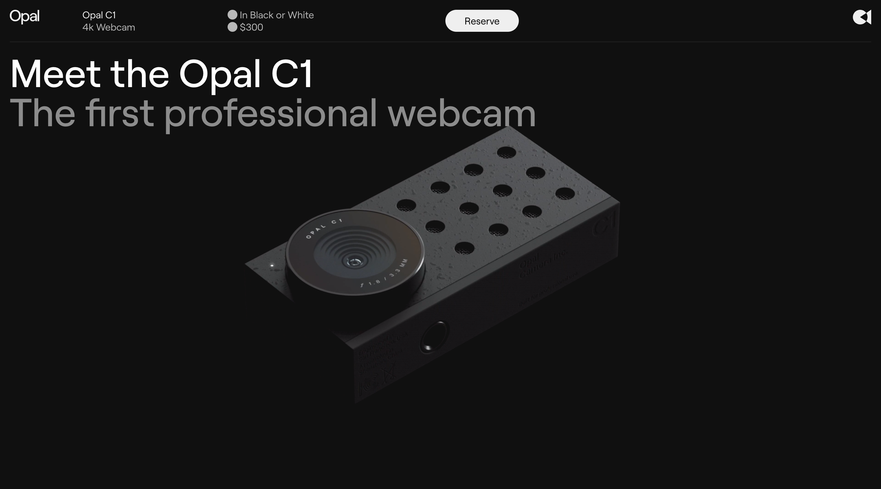 Screenshot of the Opal home page. The header contains the Opal logo, brief product information, and a 'Reserve' button. The hero section has a title in large lettering and the background image shows the Opal C1 webcam on a black backdrop.