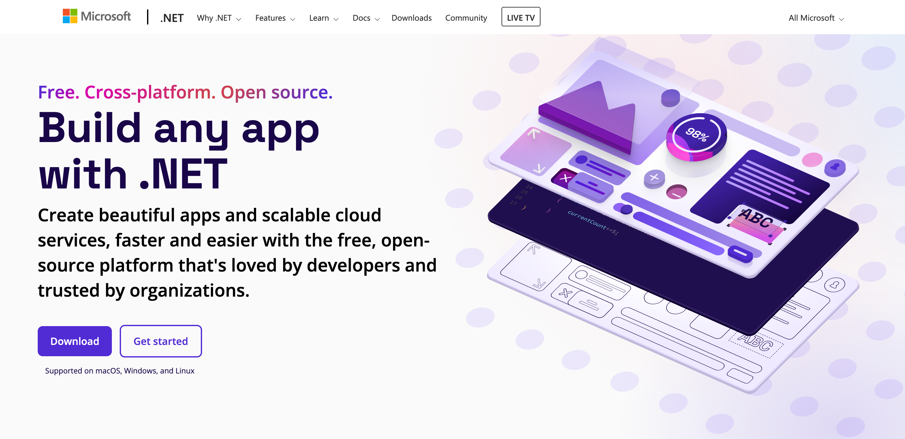 Screenshot of the .NET website hero. To the right is an illustration of something that looks like an "application" split into different layers, all in purple and pink colors. To the left is a headline saying "Build any app with.NET" and eyebrow text above saying "Free. Cross-platform. Open source." Below is a paragraph describing .NET with two buttons: "Download" and "Get started."