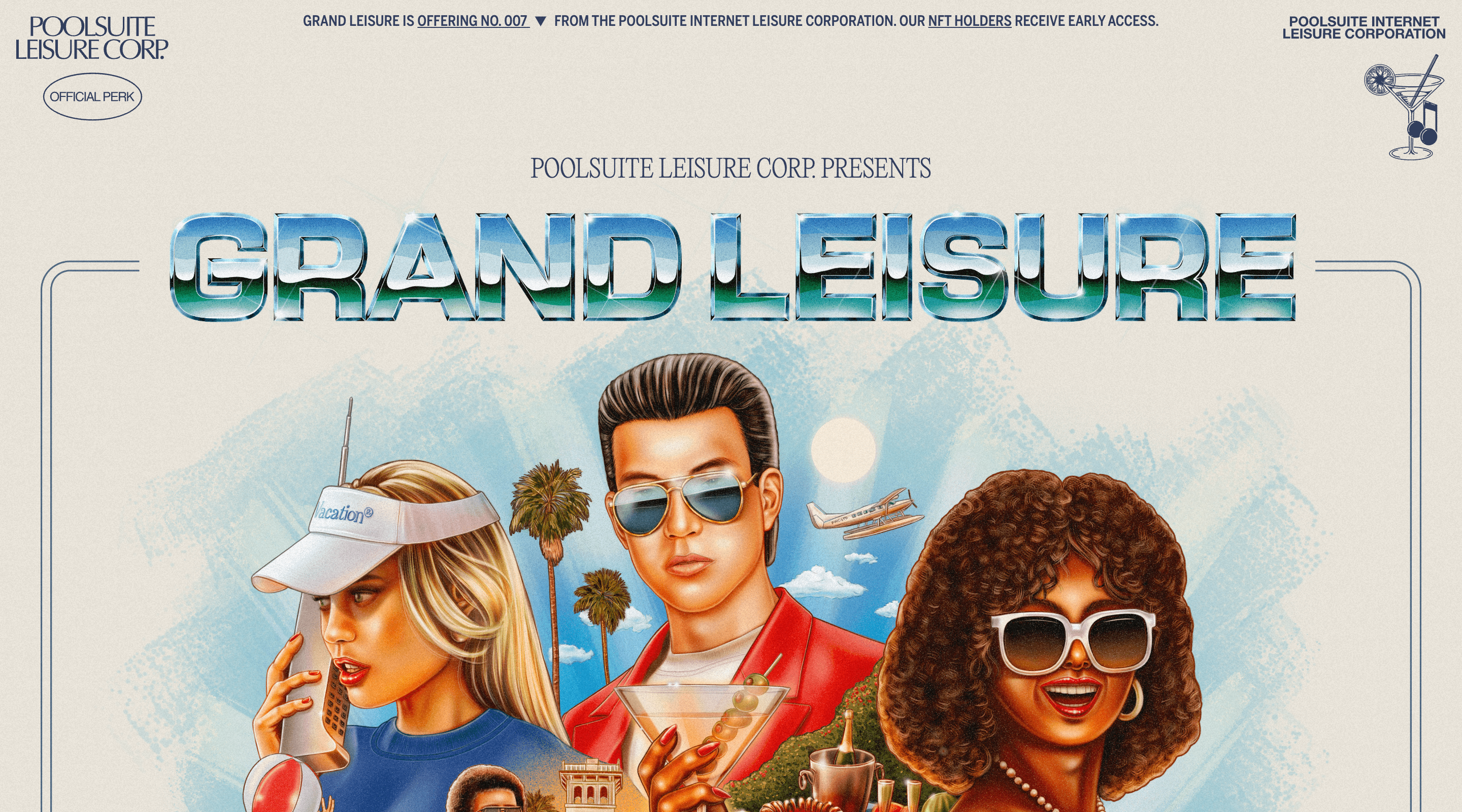 Screenshot of the Poolsuite Grand Leisure website. 'GRAND LEISURE' is displayed across the screen in large stylized lettering. Underneath is an elaborate 90s-style illustration of rich people.