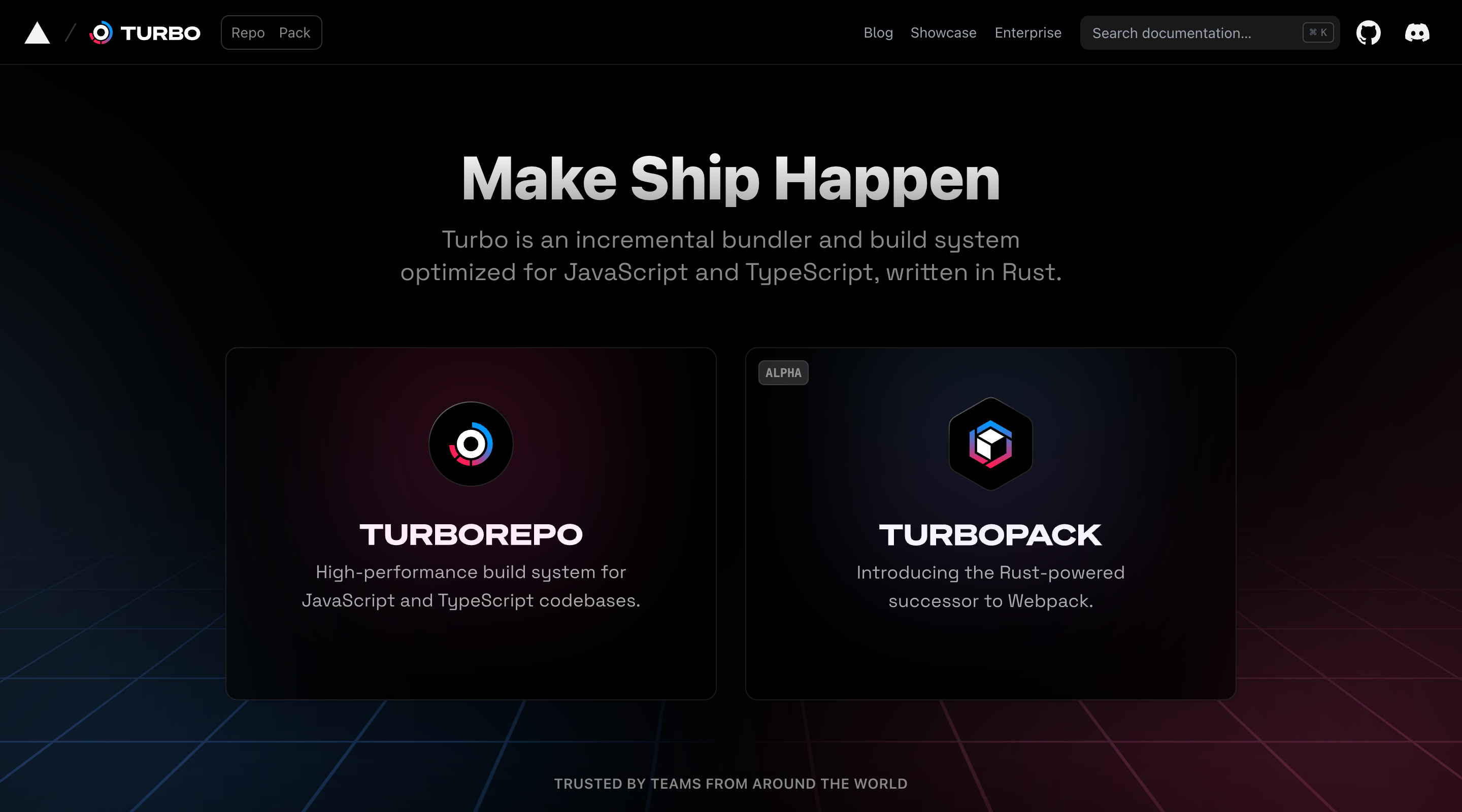 Screenshot of the Turbo homepage. The page’s primary purpose is to link to the different products in the Turbo stack: Turborepo and Turbopack. The headline says “Make Ship Happen,” there’s a subheadline, and below it, two big cards linking to Turborepo and Turbopack.