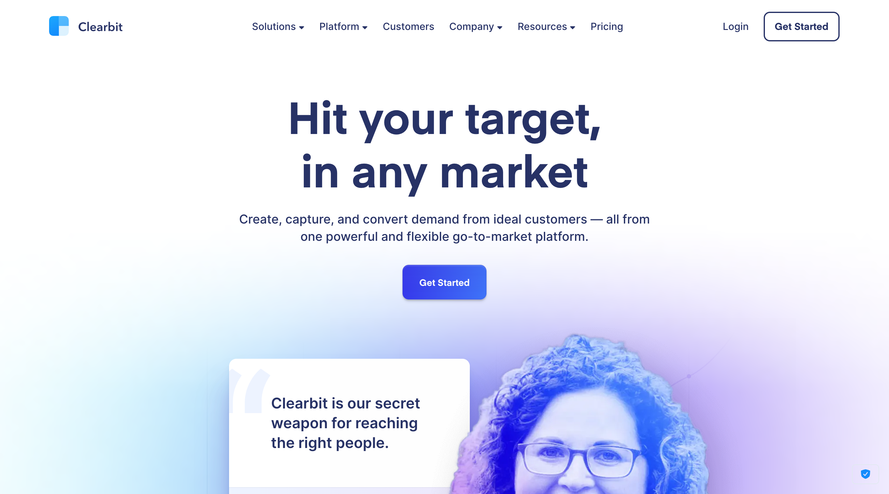 Screenshot of the Clearbit home page. A header contains the logo, the primary site navigation, and calls-to-action to 'Login' or 'Get Started'. The hero section contains a short paragraph and an additional 'Get Started' call-to-action button.