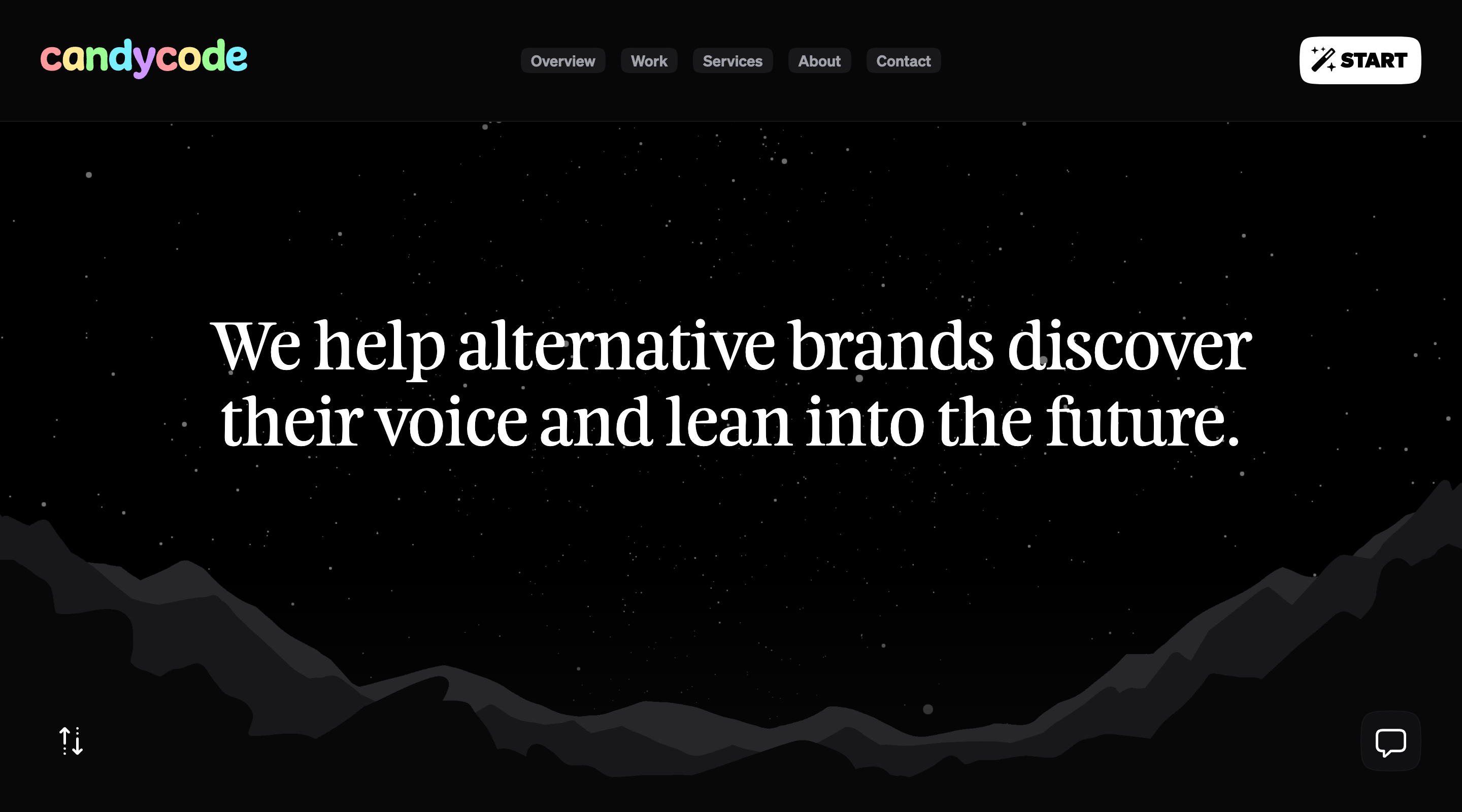 Screenshot of the candycode homepage hero. A large headline in the middle of the screen says, "We help alternative brands discover their voice and lean into the future." The background is a starry night sky with a mountain range showing at the bottom of the hero. The header has the candycode logo, a site menu, and a button with a wand next to the word "Start" on it.