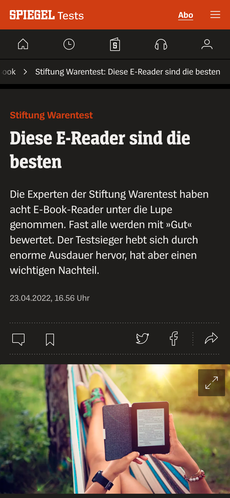 Mobile screenshot of an article on the Der Spiegel website. The header contains the Spiegel logo and a menu button. There is also a row of icons for navigation, including a house icon for the home page. The article title is followed a summary paragraph, a row of social media icons, and a full-width image.