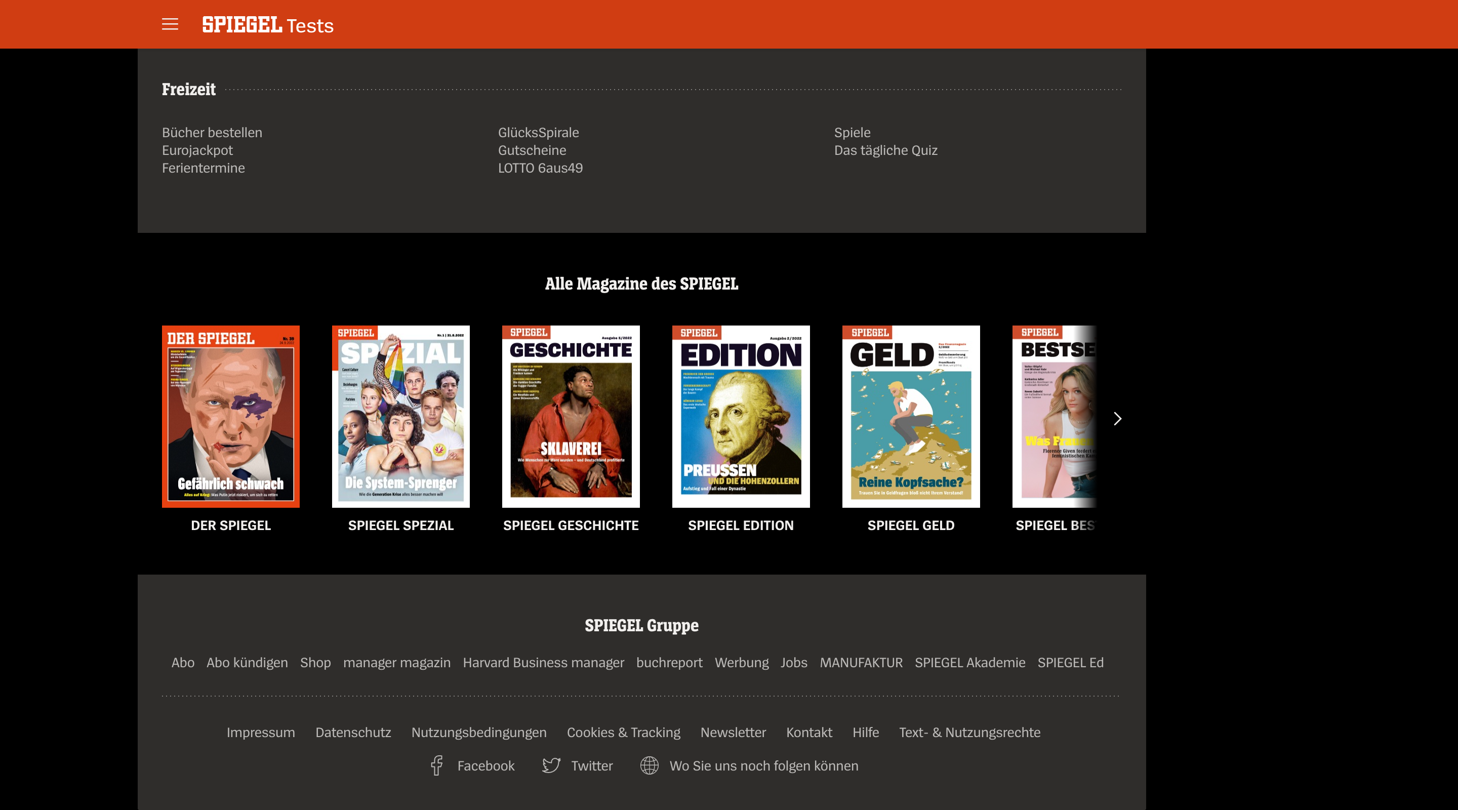 Screenshot of the Der Spiegel website footer. The header contains a menu button and the Spiegel logo. Below that there is a row of magazine cover images that extend off screen. At the bottom of the screen there is a list of page links followed by social media links.