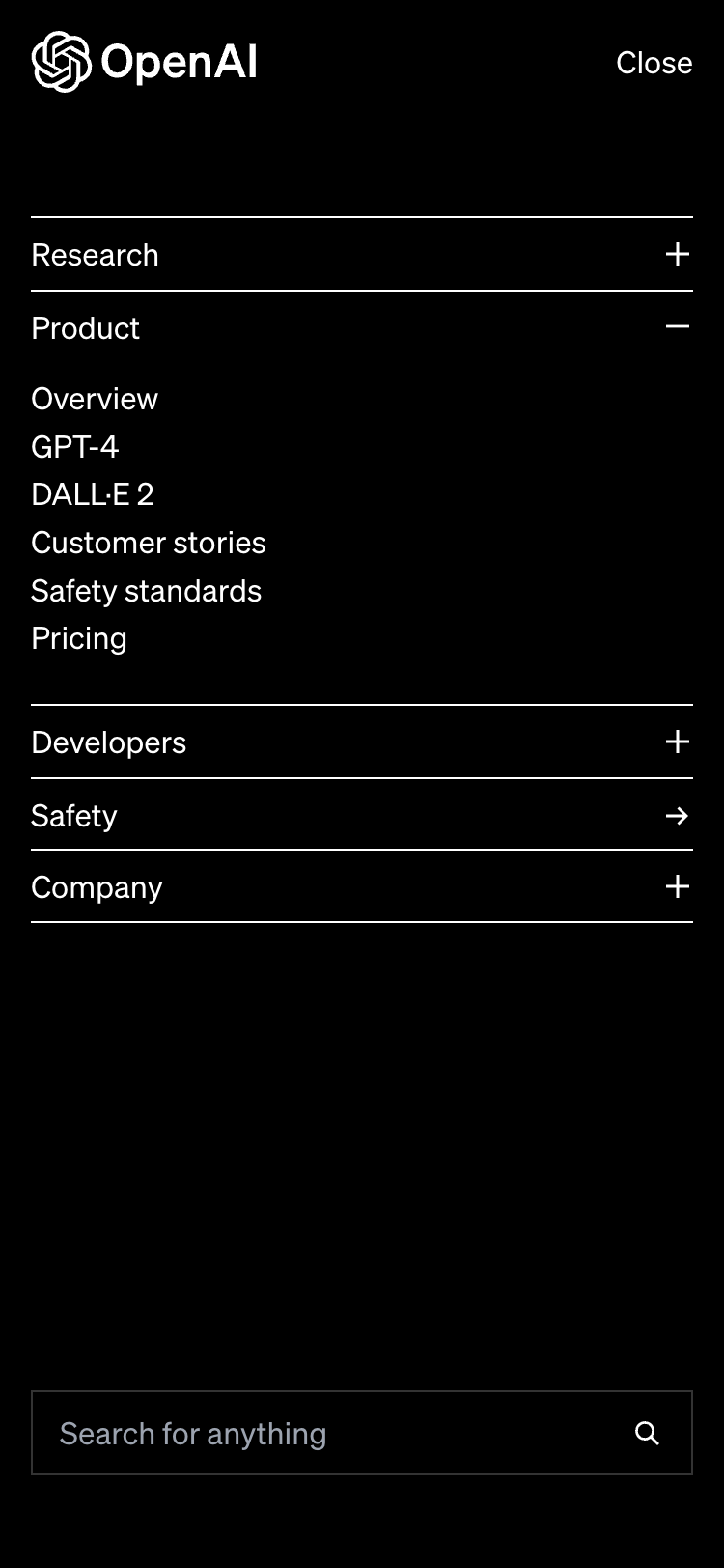 Screenshot of the OpenAI website on a 375-pixel wide mobile device. The background color is black with white text, and each menu item that can be expanded shows a plus icon. The menu items that are just a link shows an arrow icon instead.