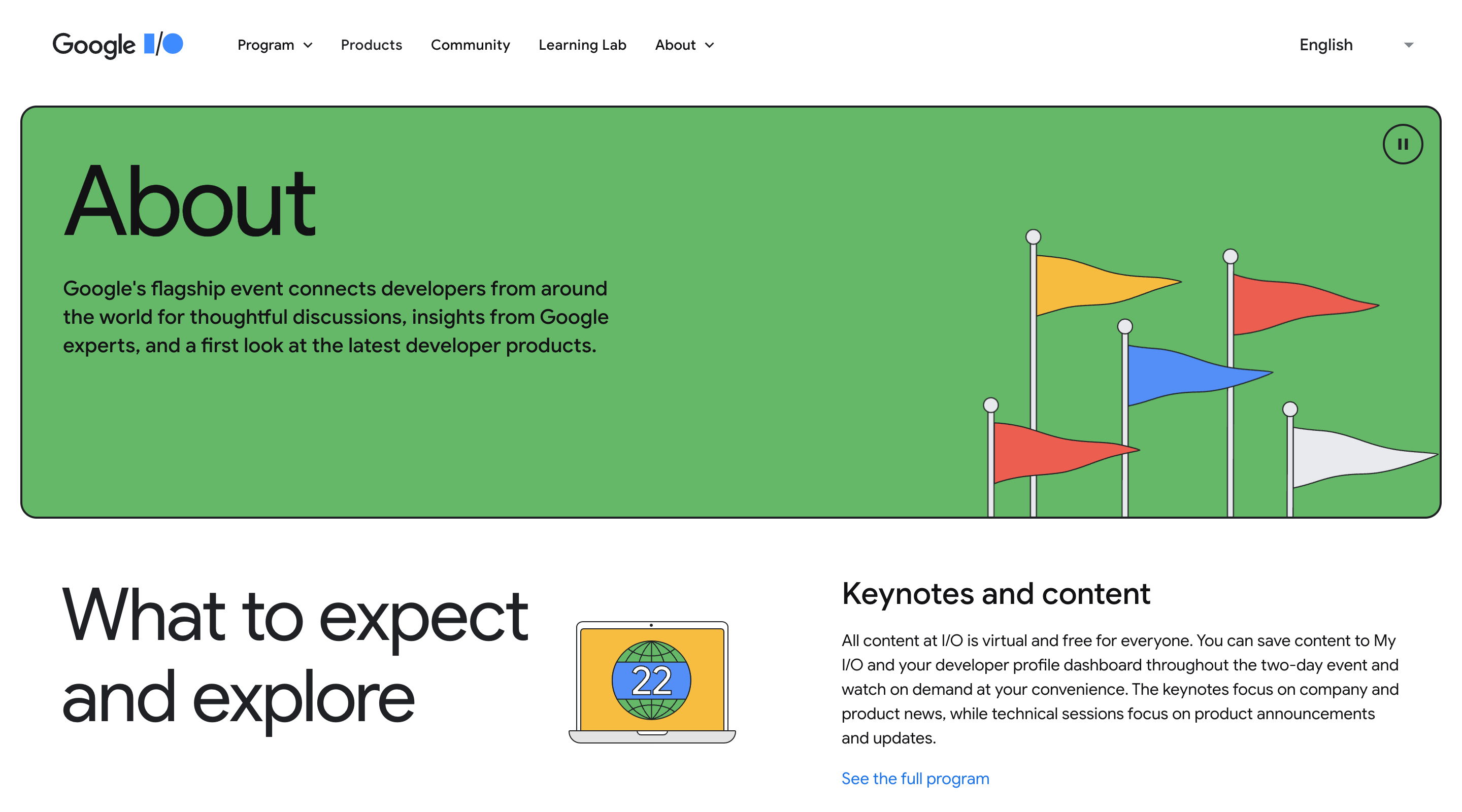 Screenshot of the Google I/O 2022 'About' page. The header contains the Google I/O logo, the main navigation, and a language selector. The hero section contains an introduction paragraph and an illustration of some plain flags blowing in the wind.