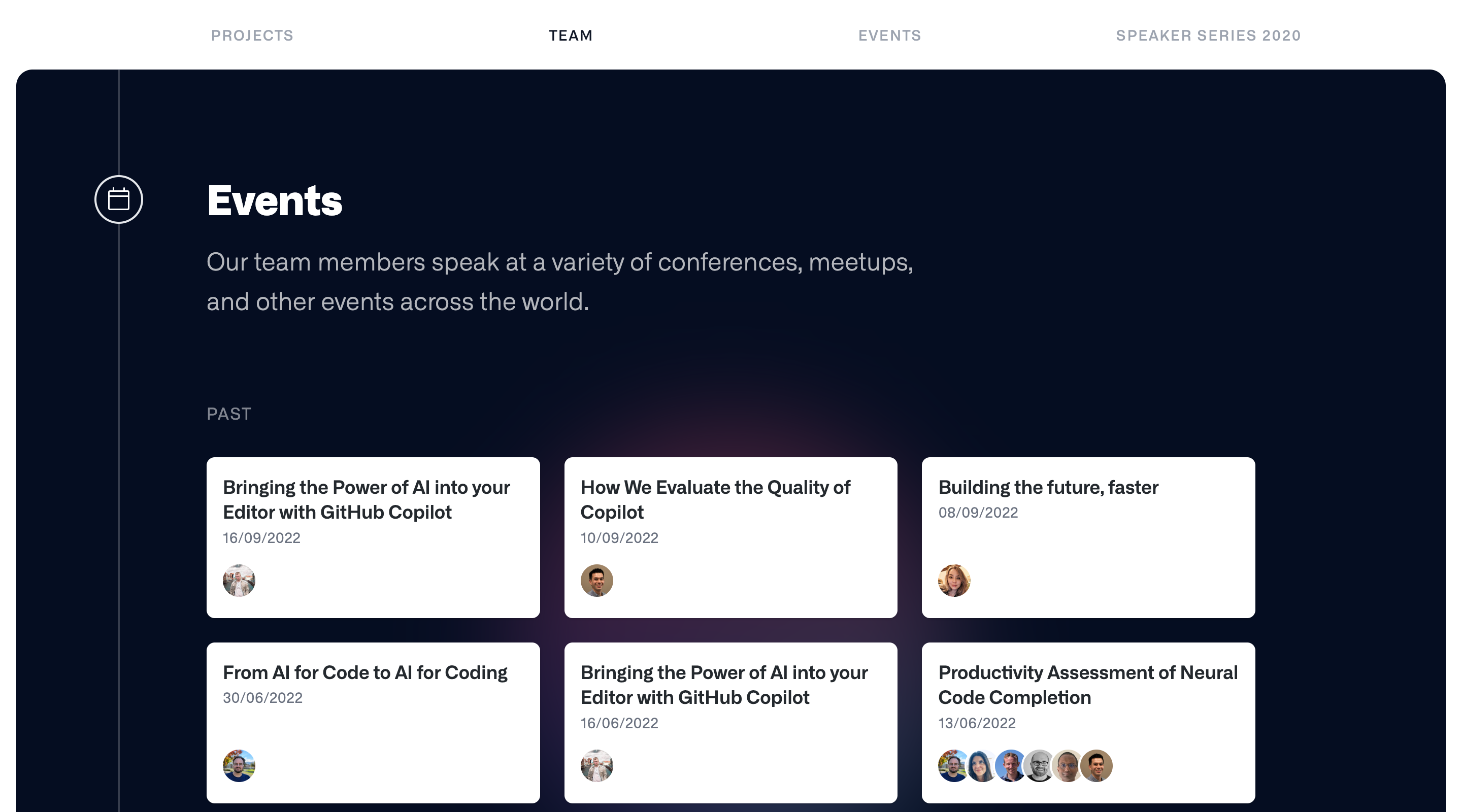 Screenshot of the Events section of the GitHub Next homepage with a 3-column grid of white cards on a dark background. Each card contains an event title, a date, and the avatars of the team members involved.