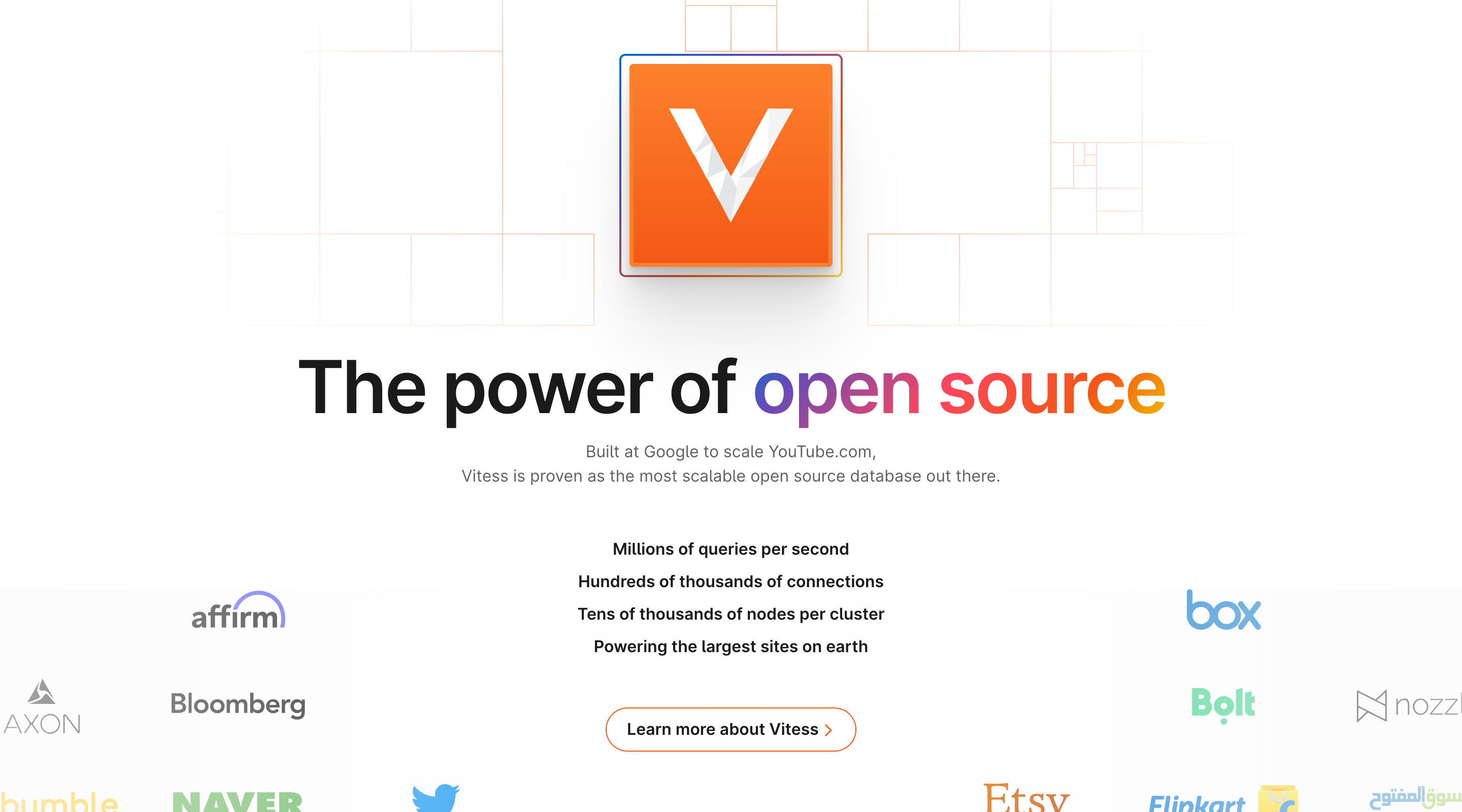 Screenshot of the PlanetScale website. The visible section has a large Vitess logo and a large title, 'The power of open source'. The section lists some features of Vitess and has a call-to-action labelled 'Learn more about Vitess'.