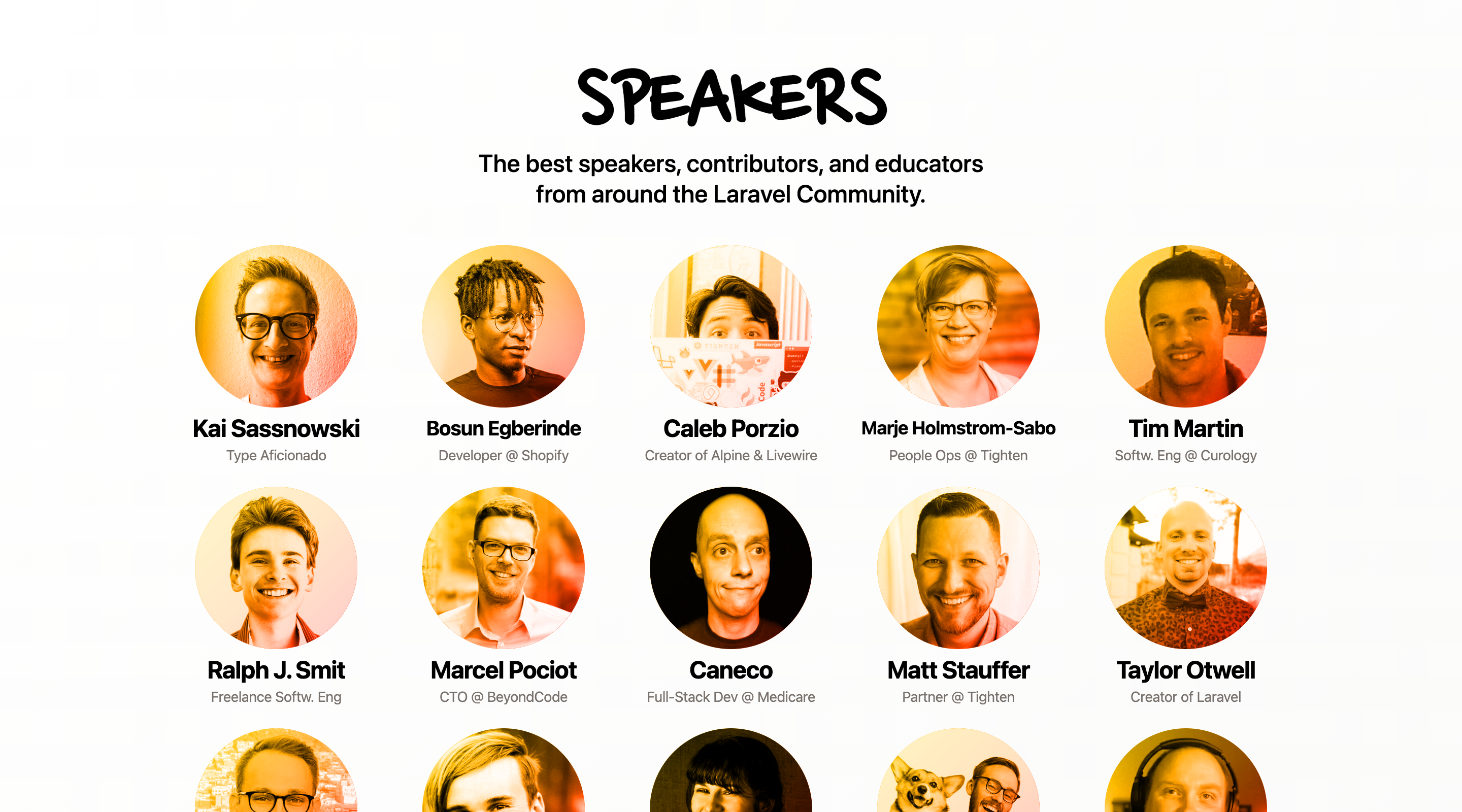 Screenshot of the 'Speakers' section of the Laracon Online website. The conference speakers' names are displayed in a grid along with a circular headshot and their job role.