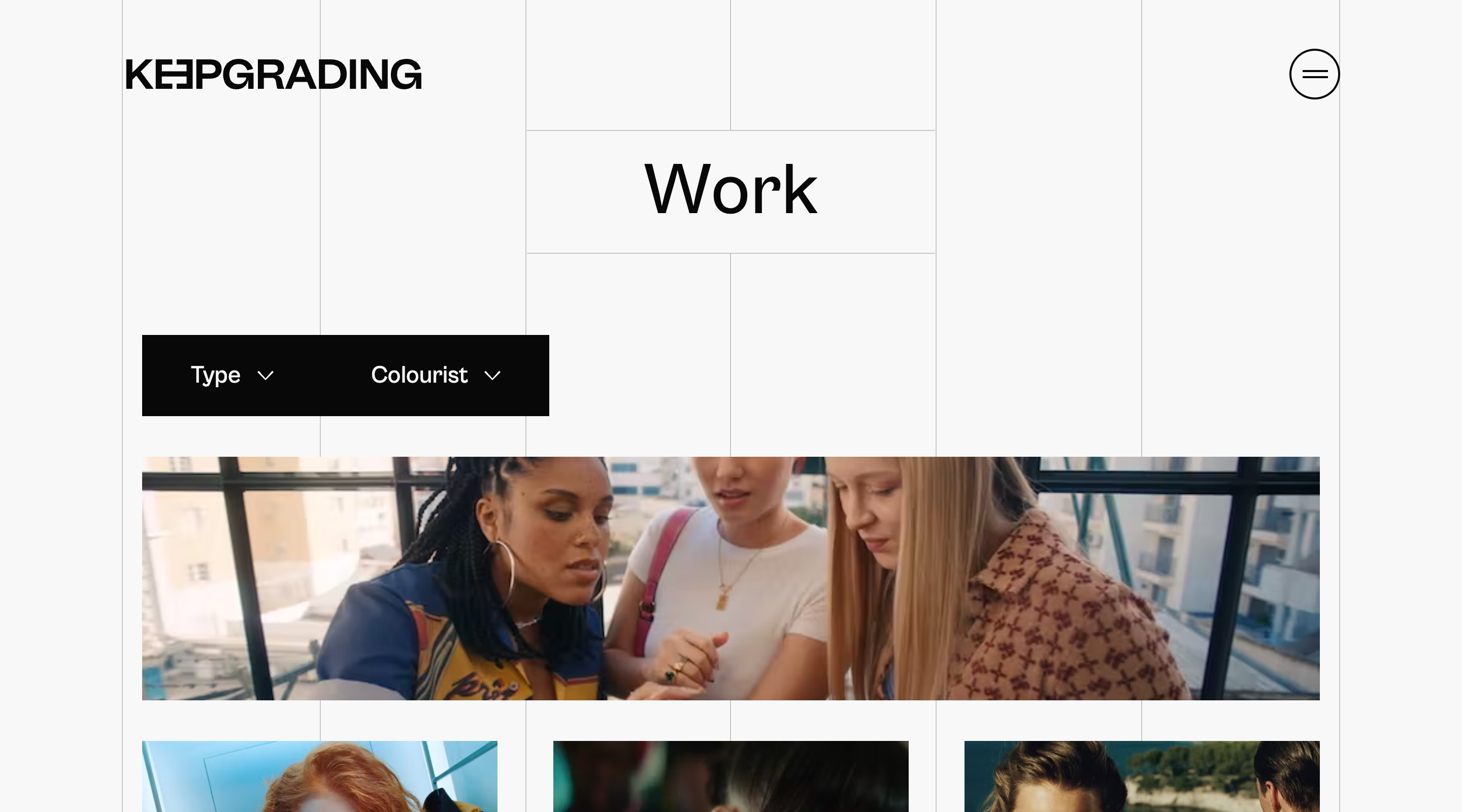 Screenshot of the 'Work' page on the KeepGrading website. At the top of the screen is the KeepGrading logo, a menu button, and the 'Work' page heading. There are two dropdowns labelled 'Type' and 'Colourist', followed by a grid of images.