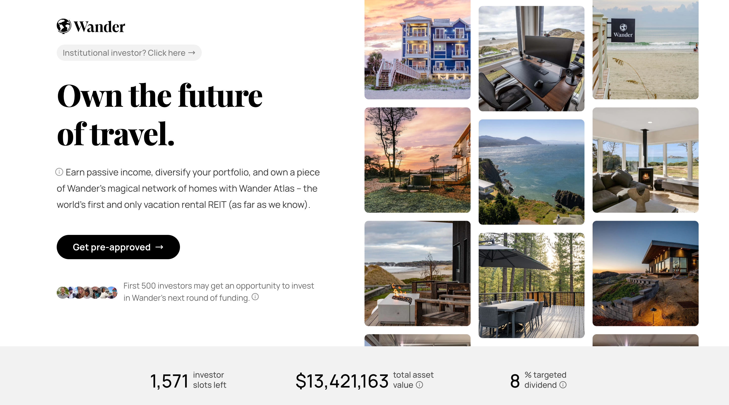 Hero section on the landing page for Wander Atlas — Wander's vacation rental REIT product. The section is split in two. To the left is some text describing Wander Atlas and a button with a call-to-action to get pre-approved. To the right is a 3-column grid with photos of different Wander properties that scrolls vertically.