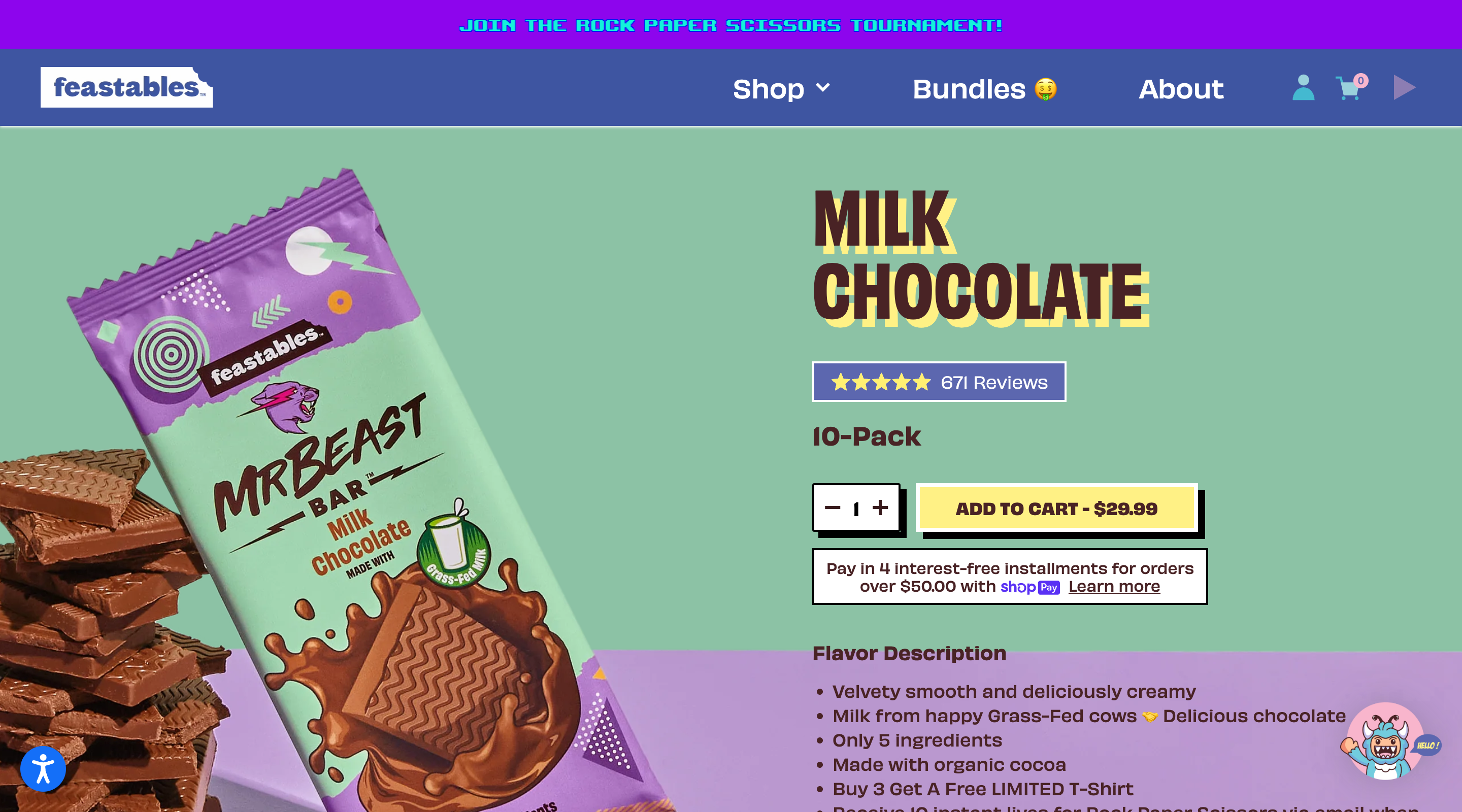 Screenshot of the 'Milk Chocolate' product page of the Feastables website. The left side of the screen shows a photograph of the Mr Beast Milk Chocolate Bar. The right side contains a product description and an 'Add to cart' button.