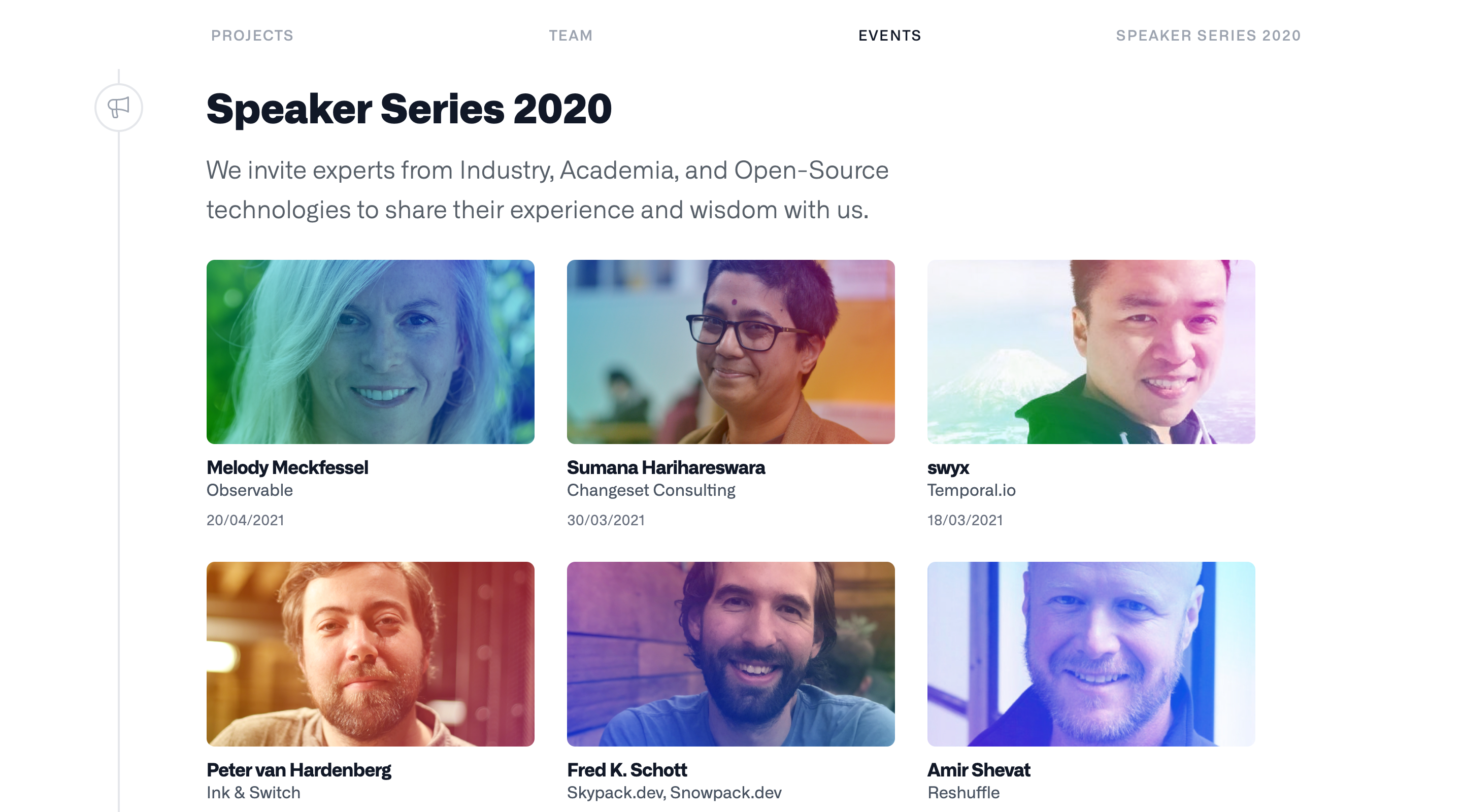 Screenshot of the ‘Speakers Series 2020’ section of the GitHub Next website, with a 3-column grid showing profile images of past speakers with their name, company name, and the date they spoke listed below.