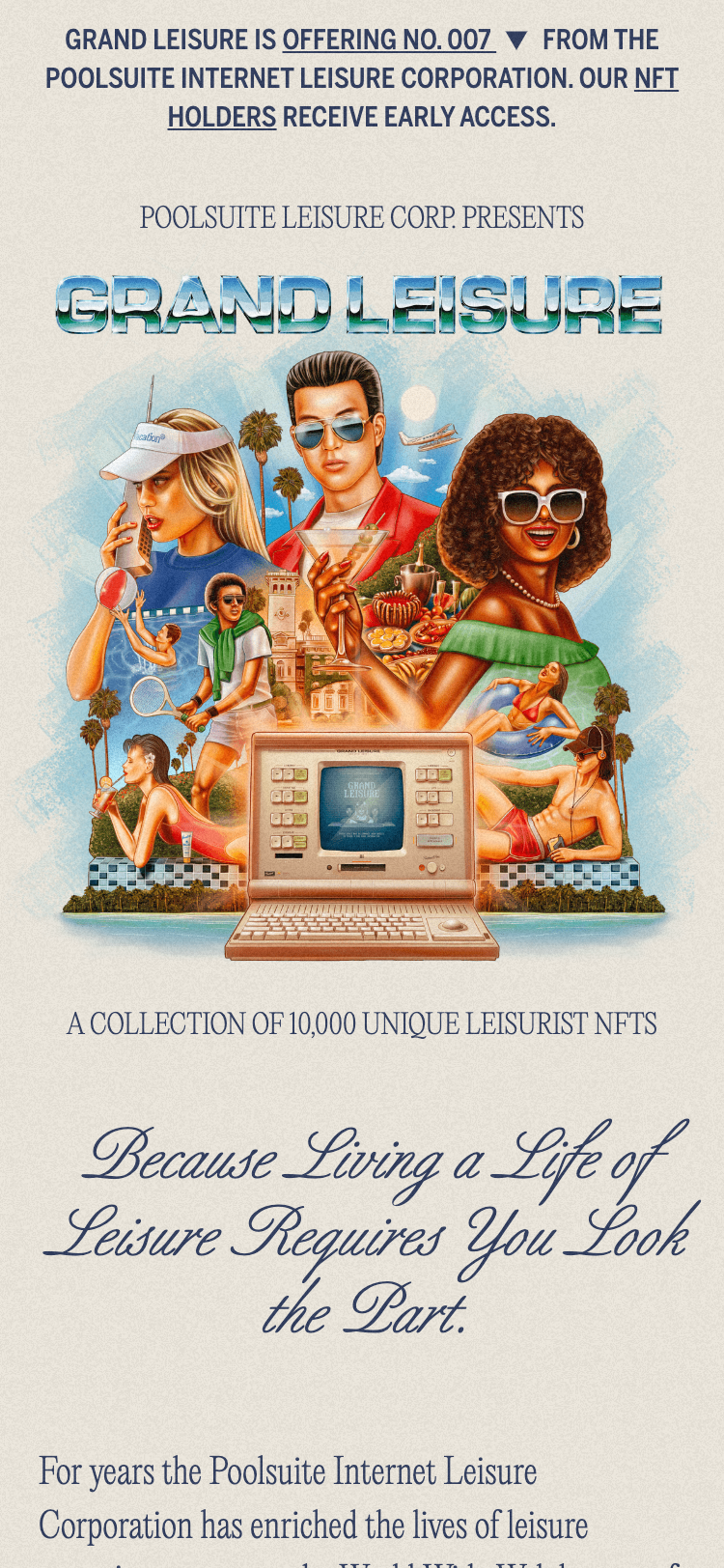 Mobile screenshot of the Poolsuite Grand Leisure website. 'GRAND LEISURE' is displayed across the screen in large stylized lettering. Underneath is an elaborate 90s-style illustration of rich people. Below that is a cursive style heading.