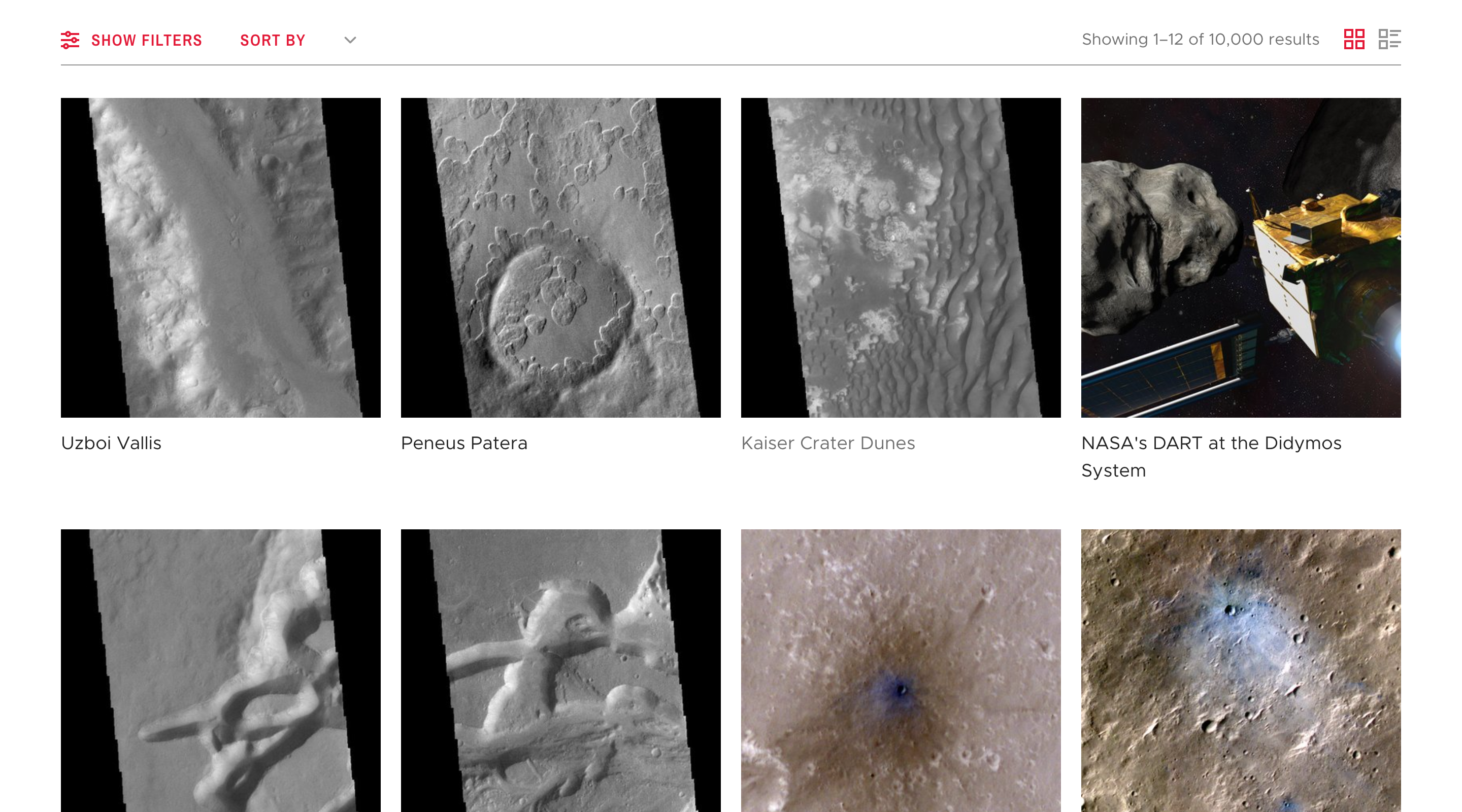 Screenshot of the 'Image Gallery' page of the NASA Jet Propulsion Laboratory website. Images are displayed in a grid with four columns, and there are buttons above to filter or sort the results.