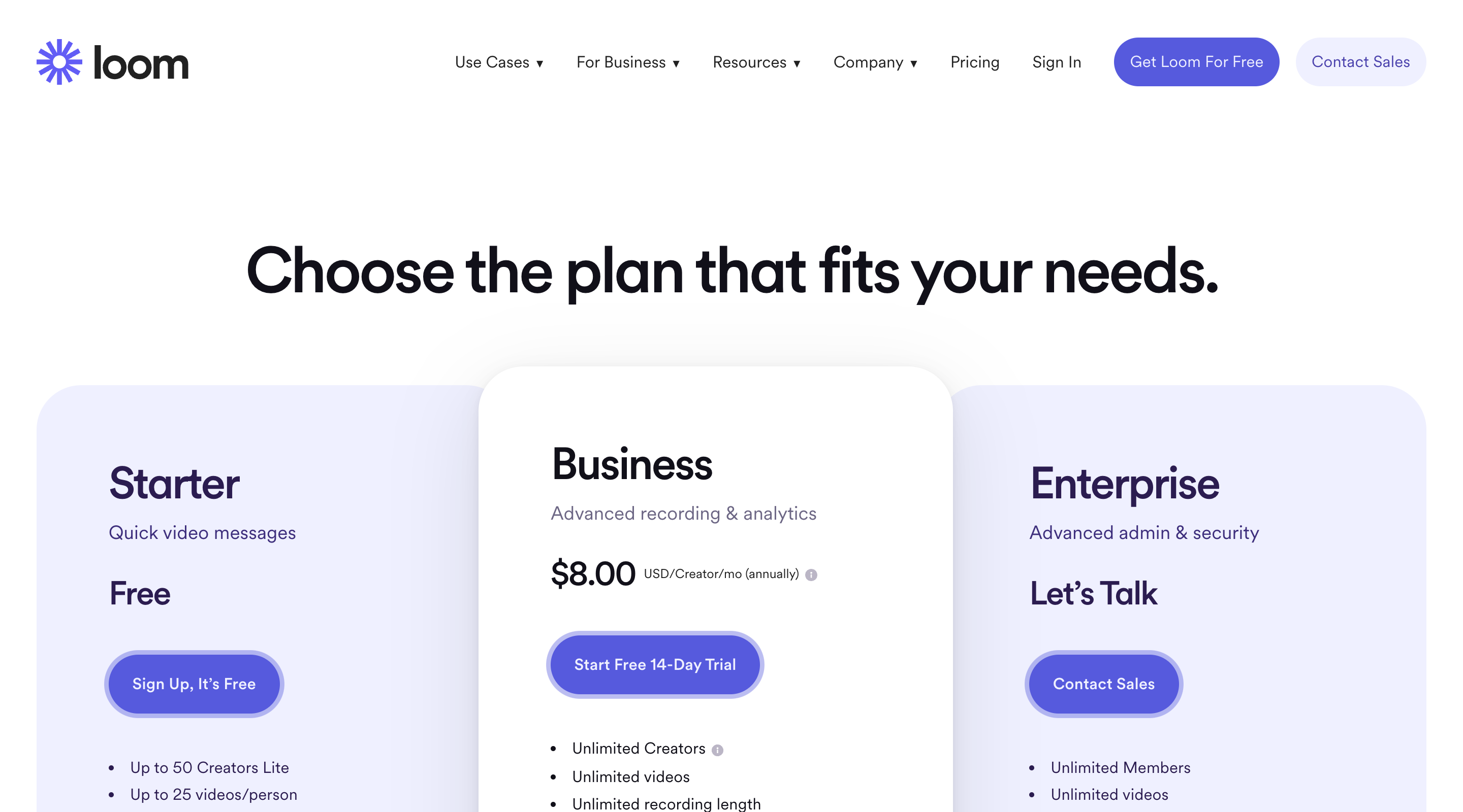 Screenshot of the Loom 'Pricing' page. The header contains the Loom logo, main site navigation, and primary calls-to-action. The three available plans are arranged in a row and each has a price, a feature list, and a call-to-action.