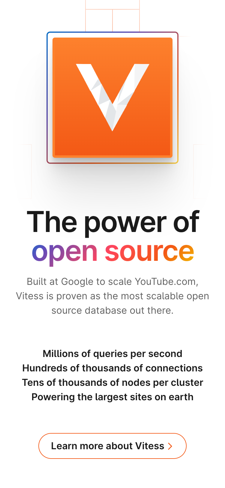 Mobile screenshot of the PlanetScale website. The visible section has a large Vitess logo and a large title, 'The power of open source'. The section lists some features of Vitess and has a call-to-action labelled 'Learn more about Vitess'.