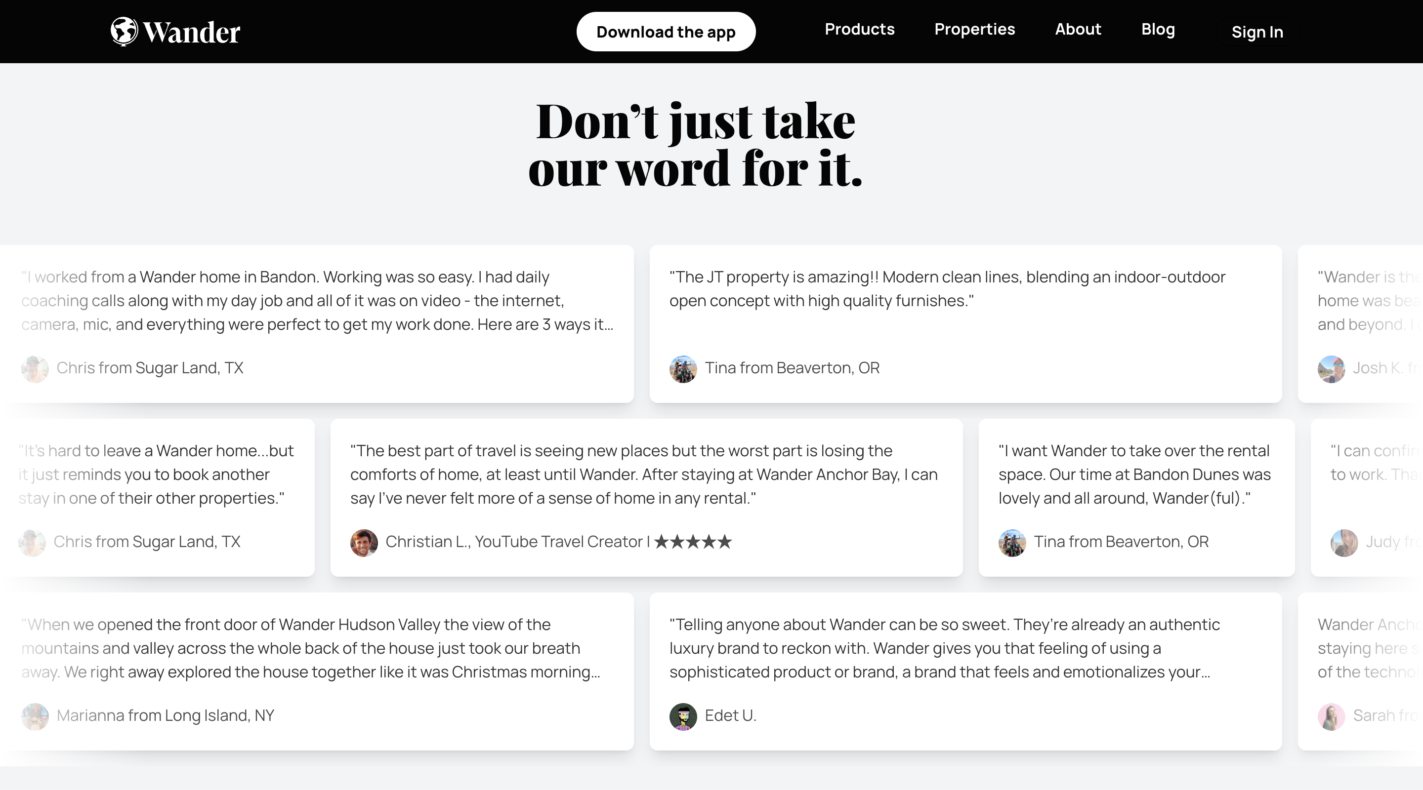 Testimonial section on the Wander website with three rows of testimonials animated to scroll horizontally. Each testimonial has a different width based on how long it is.