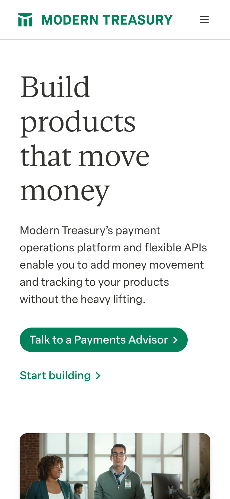 Mobile screenshot of the Modern Treasury home page. The header contains the Modern Treasury logo and a menu button. The hero section contains an intro paragraph and buttons inviting the user to 'Talk to a Payments Advisor' or 'Start building'.