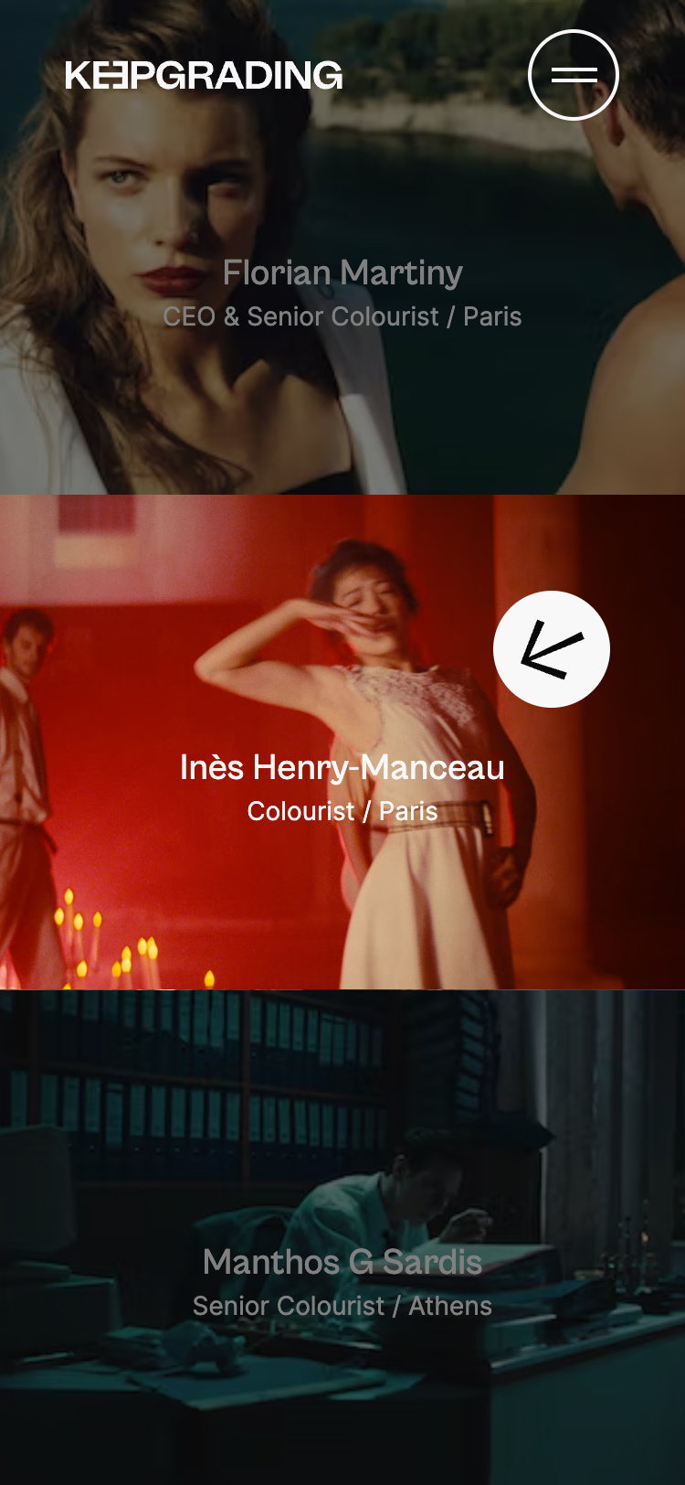 Mobile screenshot of the 'Colourists' page of the KeepGrading website. The header contains the KeepGrading logo and a menu button. The colourists are listed with their roles and location, with background images showcasing their work.