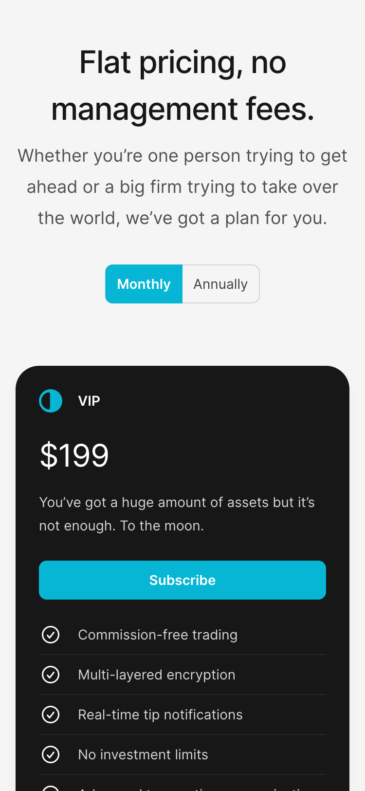 Mobile screenshot of the pricing section of the Pocket Tailwind UI template. There is a section heading and introduction paragraph, followed by a time period button group with the options 'Monthly' and 'Annually'. Below is details on the 'VIP' plan including a price, description, list of features, and a 'Subscribe' button.