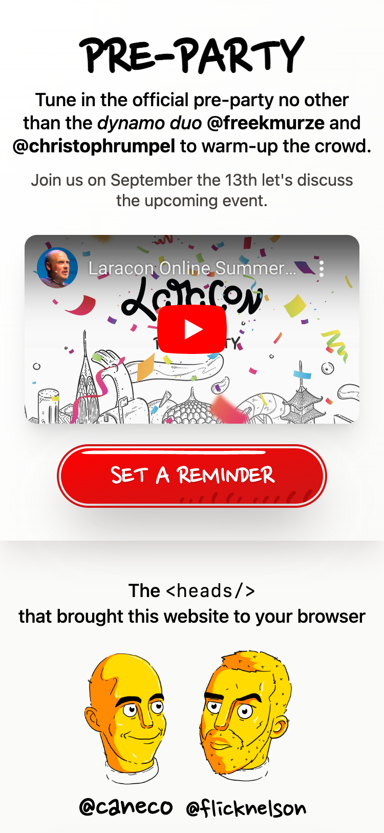 Mobile screenshot of the 'Pre-Party' section of the Laracon Online website. The section contains an embedded YouTube video and a large 'Set a reminder' button. At the bottom of the screen is a stylized illustration of the creators of the website.