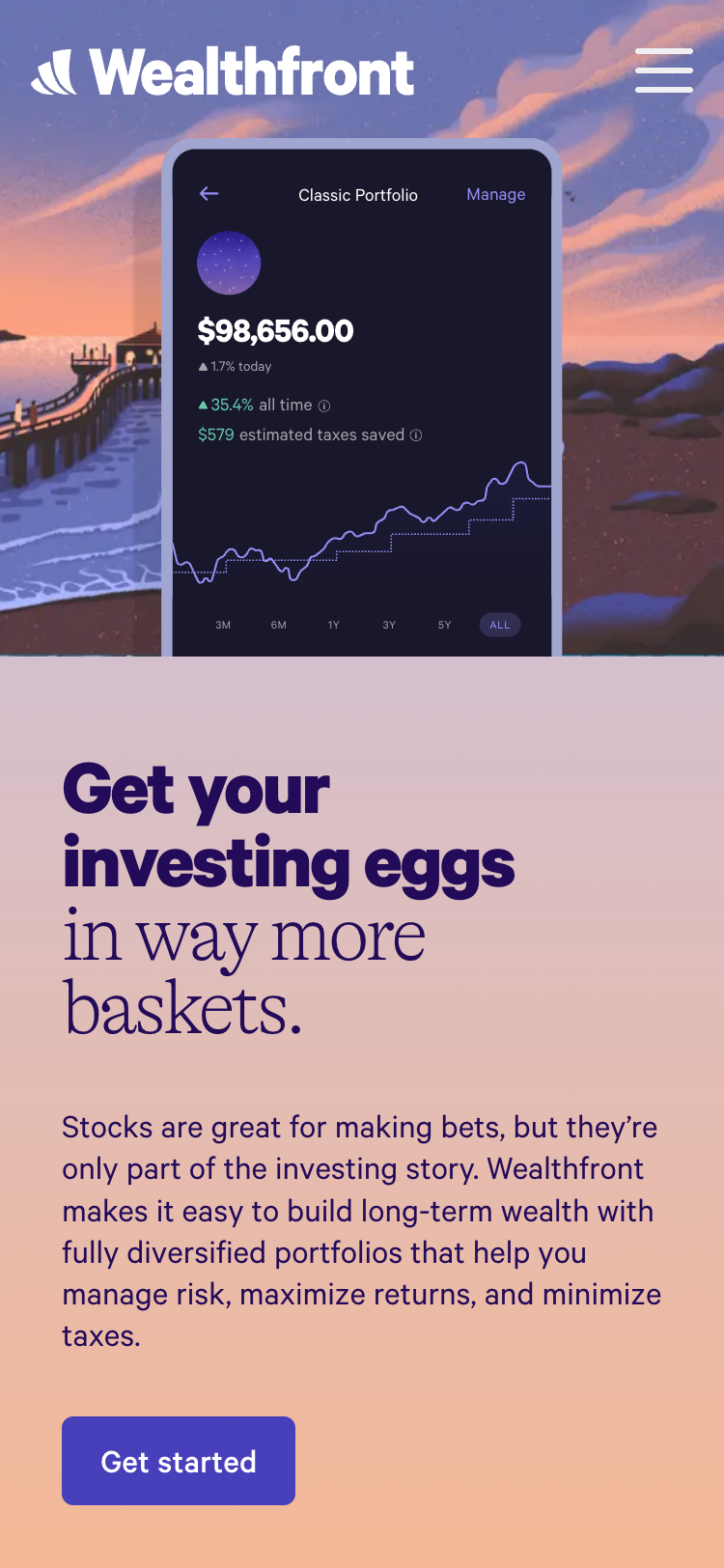 Mobile screenshot of the Wealthfront website. The header contains the Wealthfront logo and a menu button. At the top of the screen is a screenshot of the Wealthfront mobile app. Underneath is some information text followed by a 'Get started' call-to-action button.
