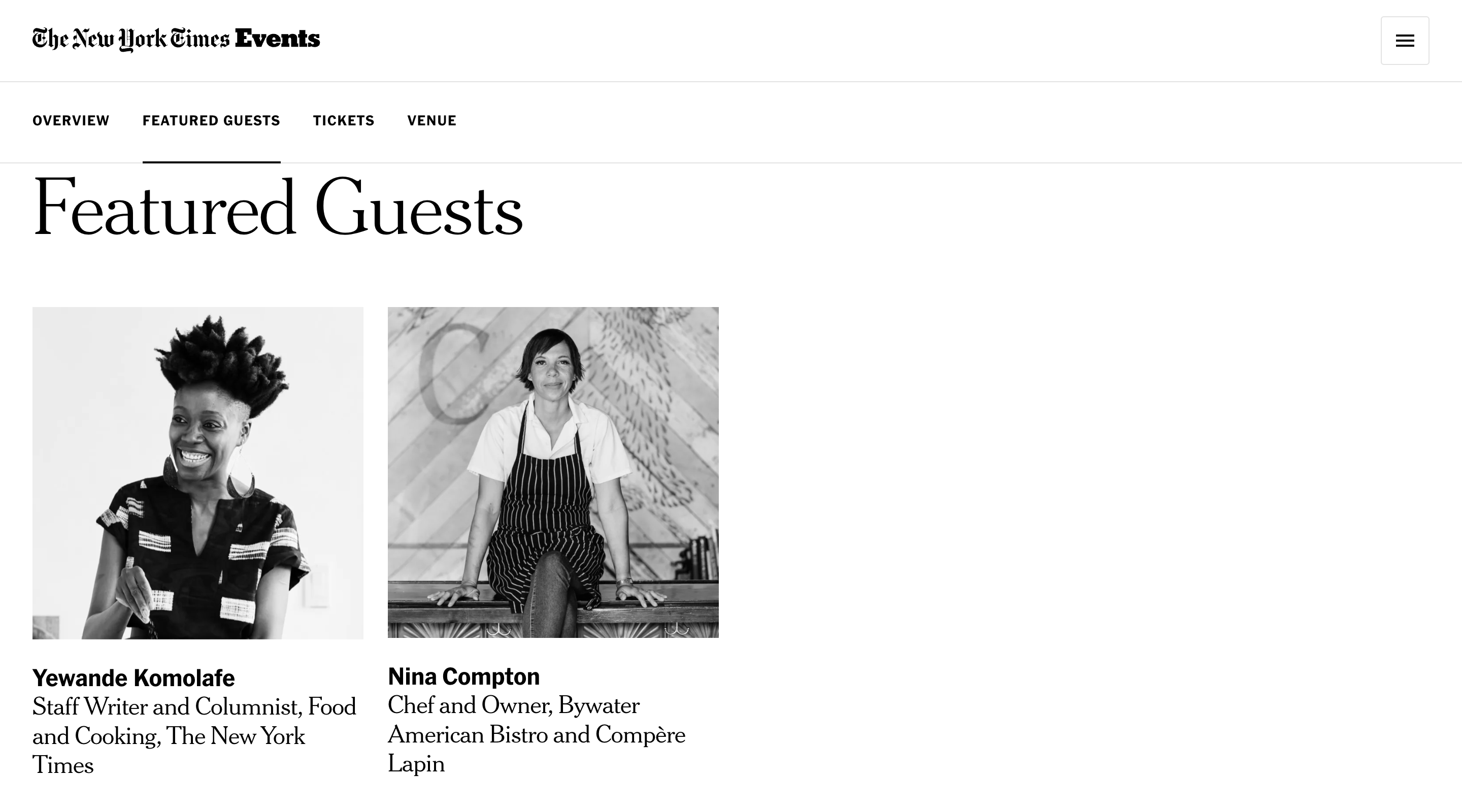Screenshot of the “Featured Guests” section on a single event page. The page has its own top navigation for navigating sections. The “Featured Guests” element in the navbar is underlined in the screenshot.