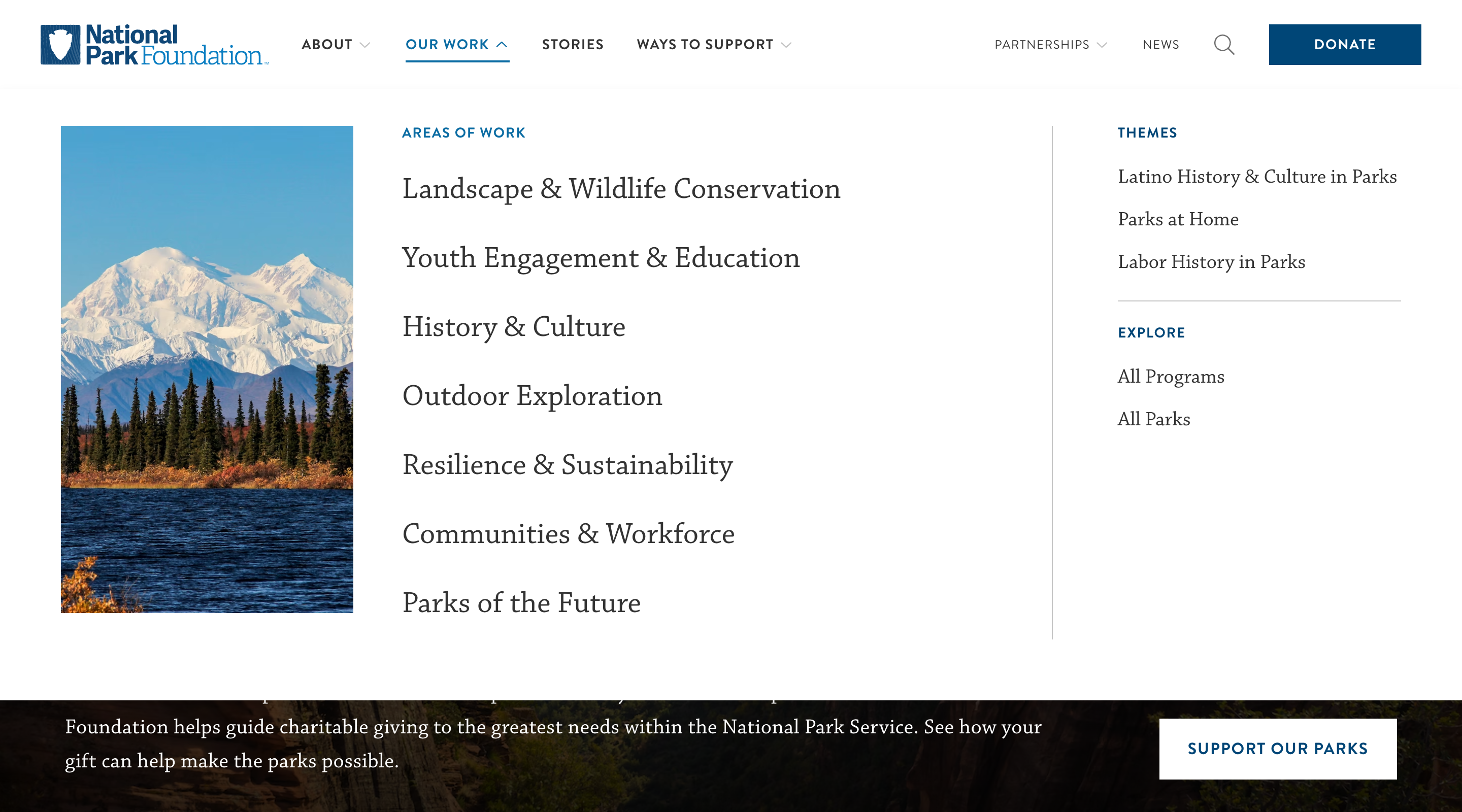 Screenshot of the National Park Foundation 'Our Work' navigation popover. The popover sits on top of the site content, covering most of the visible area of the screen. A photograph of mountains is on the left of the screen with a list of pages beside it. There are additional smaller secondary links on the right side of the screen.