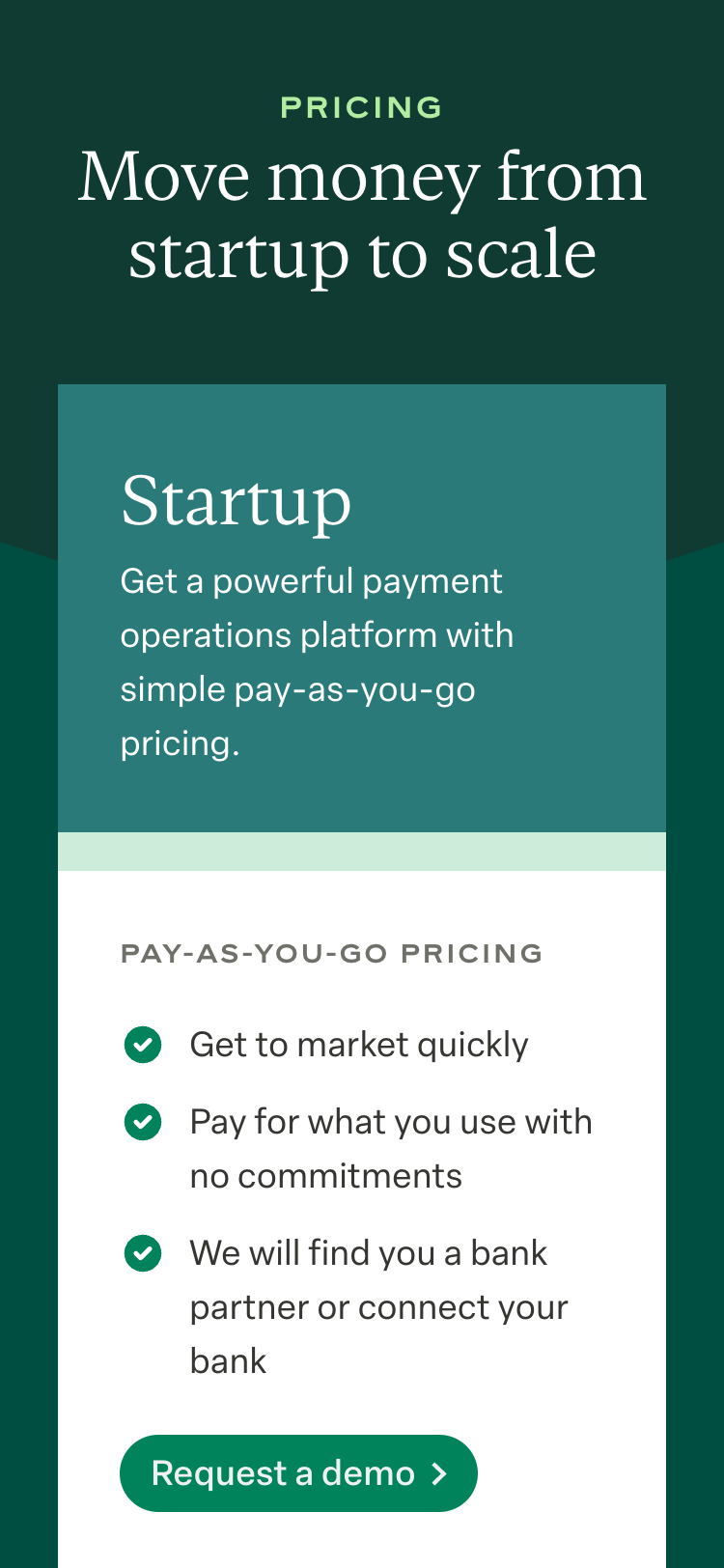 Mobile screenshot of the Modern Treasury 'Pricing' page. The 'Startup' plan can be seen and its features are listed with check marks beside them. At the bottom there is a 'Request a demo' button.