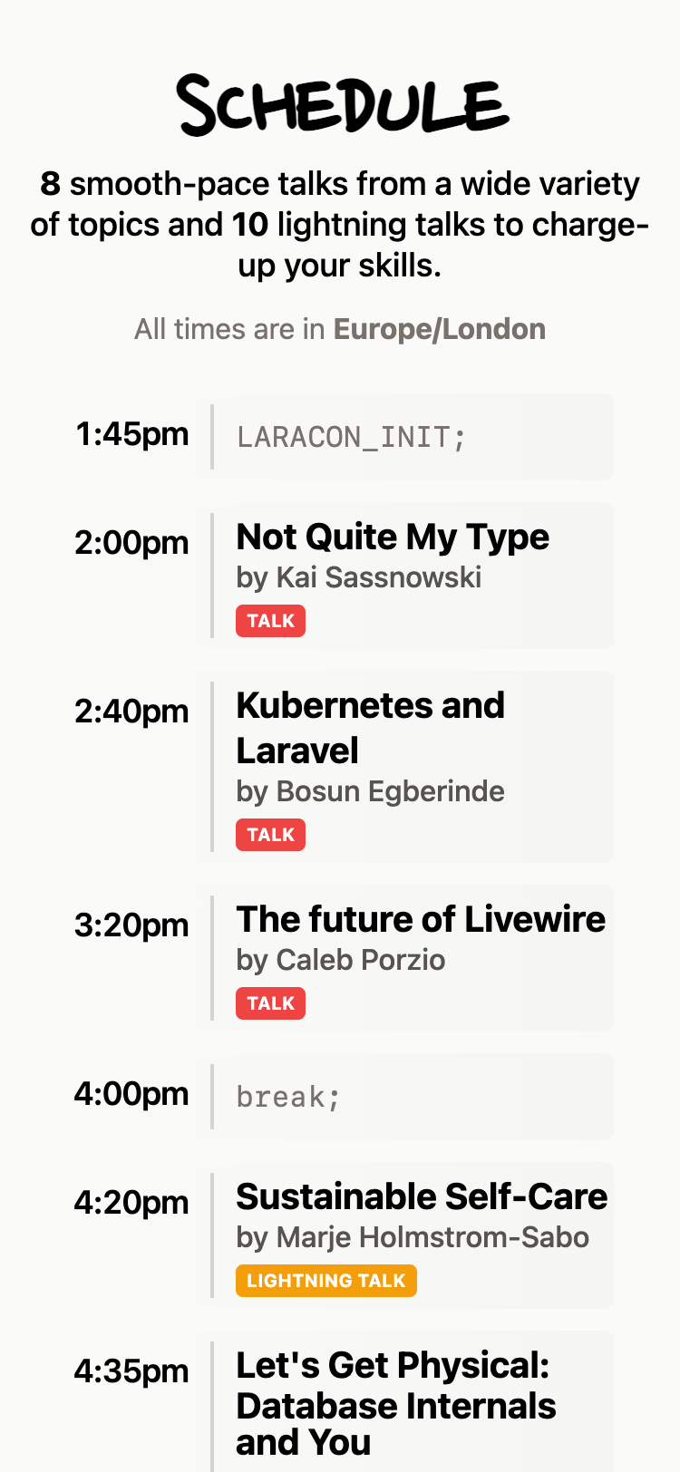 Mobile screenshot of the 'Schedule' section of the Laracon Online website. The conference schedule is listed with start times on the left and titles and speakers on the right.