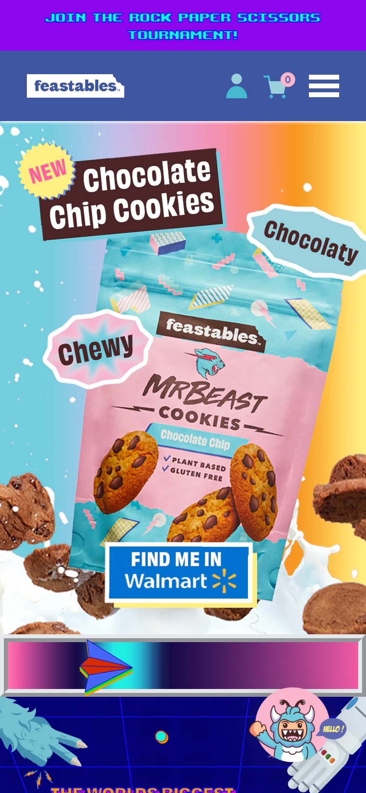 Mobile screenshot of the Feastables website. The hero section shows the packaging for 'Mr Beast Chocolate Chip Cookies' surrounded by an explosion of cookies and milk.