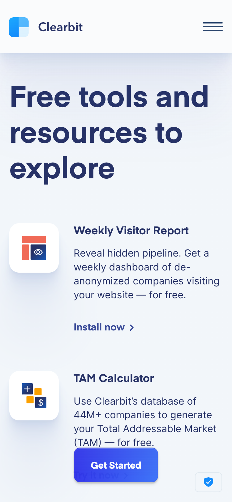 Mobile screenshot of the 'Free tools and resources to explore' section of the Clearbit website. The section lists resources with a short description for each. A 'Get Started' call-to-action button is fixed to the bottom of the screen. A fixed header contains the Clearbit logo and a 'menu' button.
