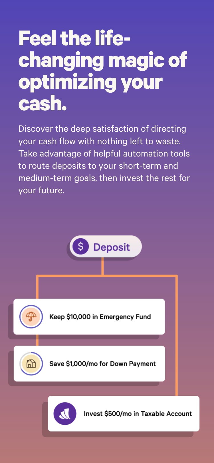Mobile screenshot of the Wealthfront website. The visible section contains some information text followed by a flowchart illustration showing how a deposit may be allocated.