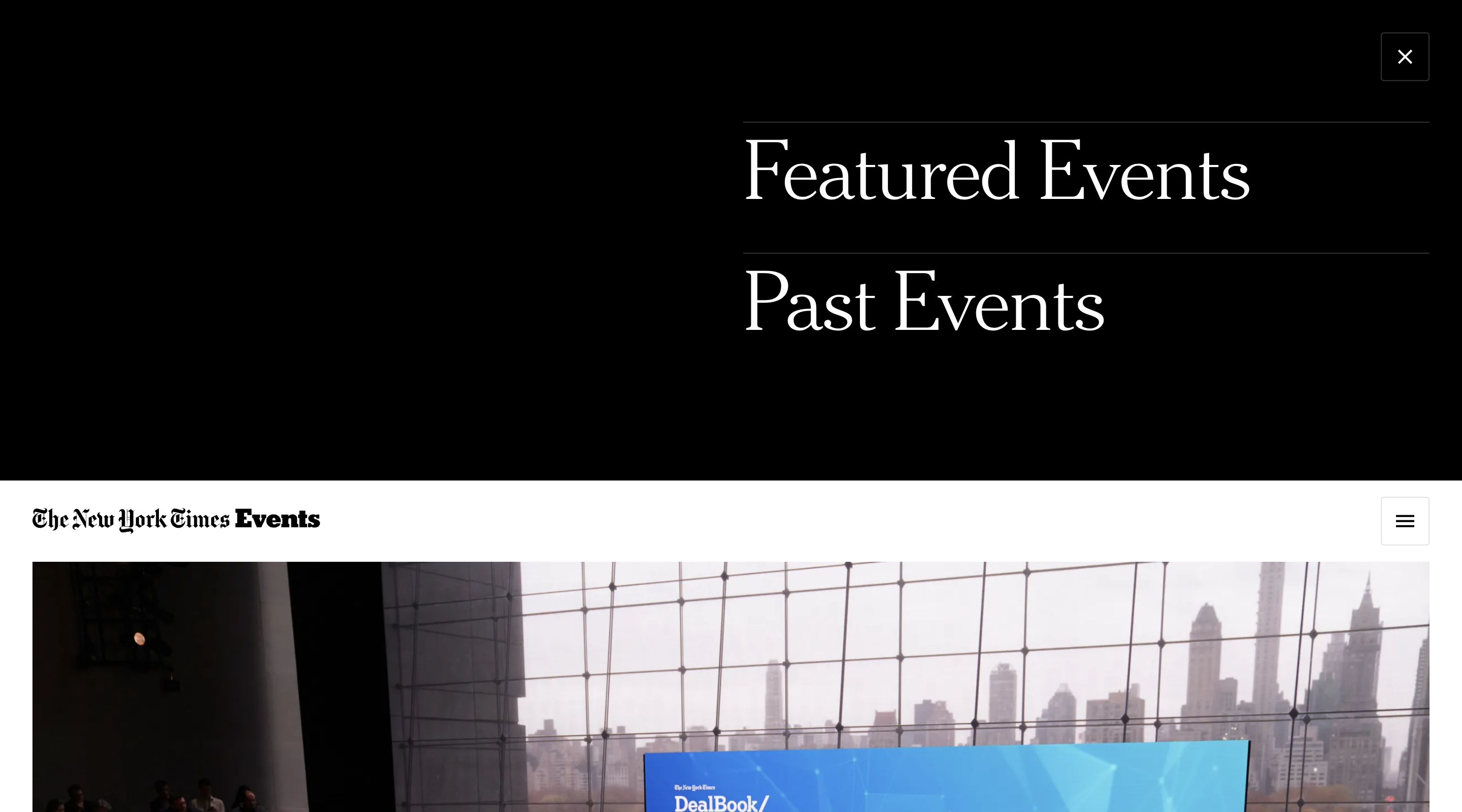 Screenshot of the site menu, which only contains two items: “Featured Events” and “Past Events.” The menu background is black, and the font is a large, white serif font.
