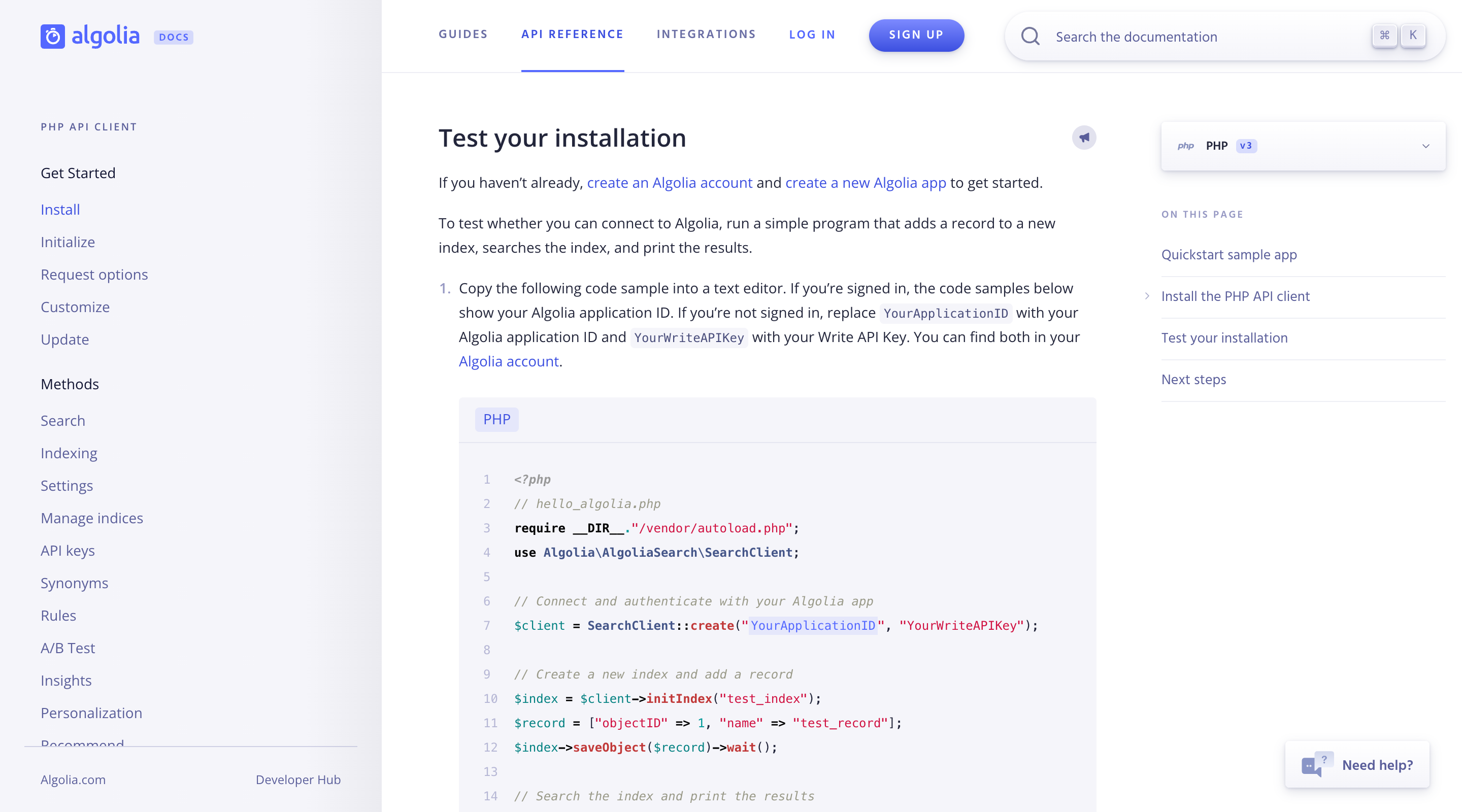 A screenshot of the 'Test your installation' page of the Algolia documentation website. A fixed sidebar lists the various pages within the 'PHP API Client' documentation. An additional sidebar lists the sections of the current page. In the main article a PHP code example is shown following a short introduction.