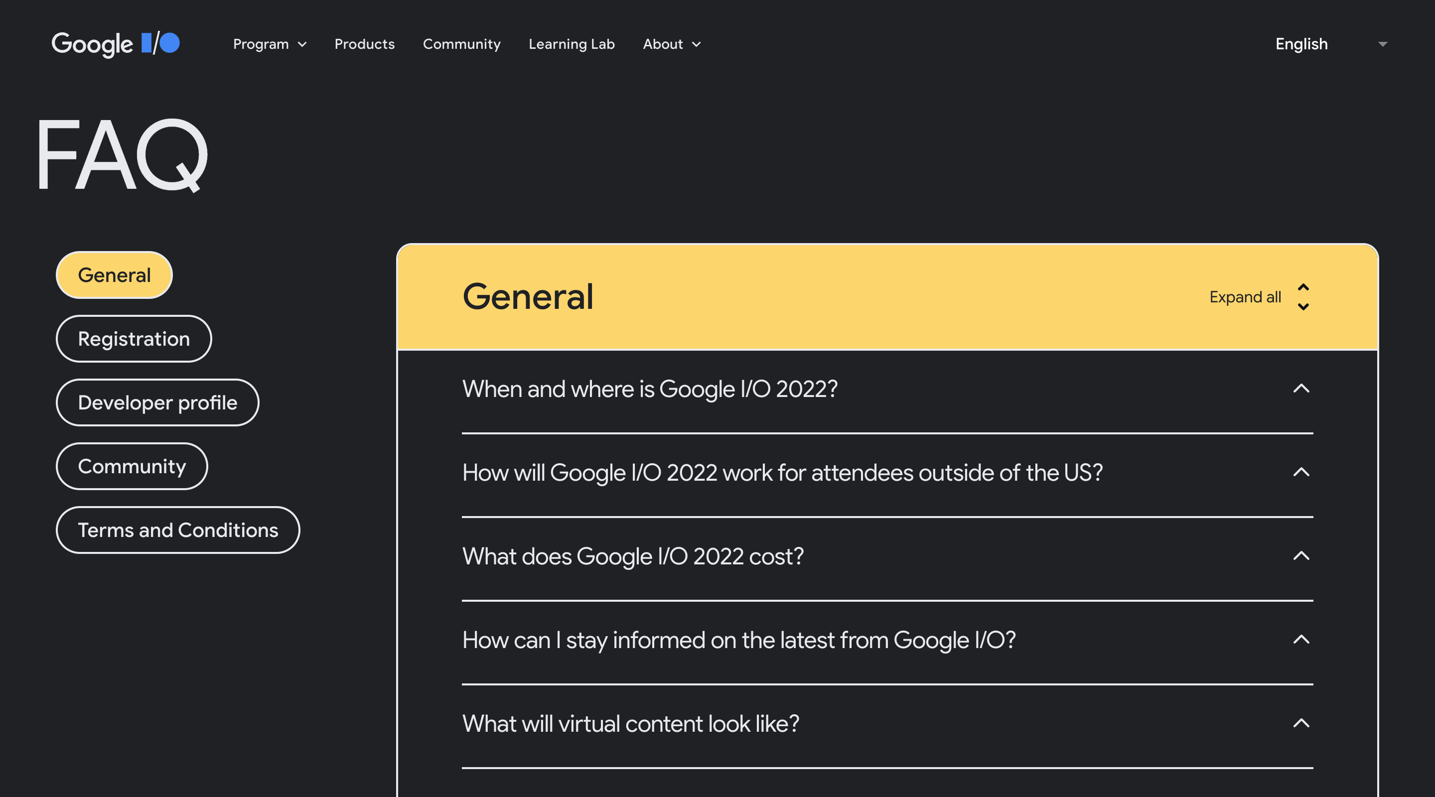 Screenshot of the Google I/O 2022 'FAQ' page. A list of FAQ categories is displayed on the left side of the screen. On the right side the 'General' category is shown with a list of questions such as 'When and where is Google I/) 2022?'.