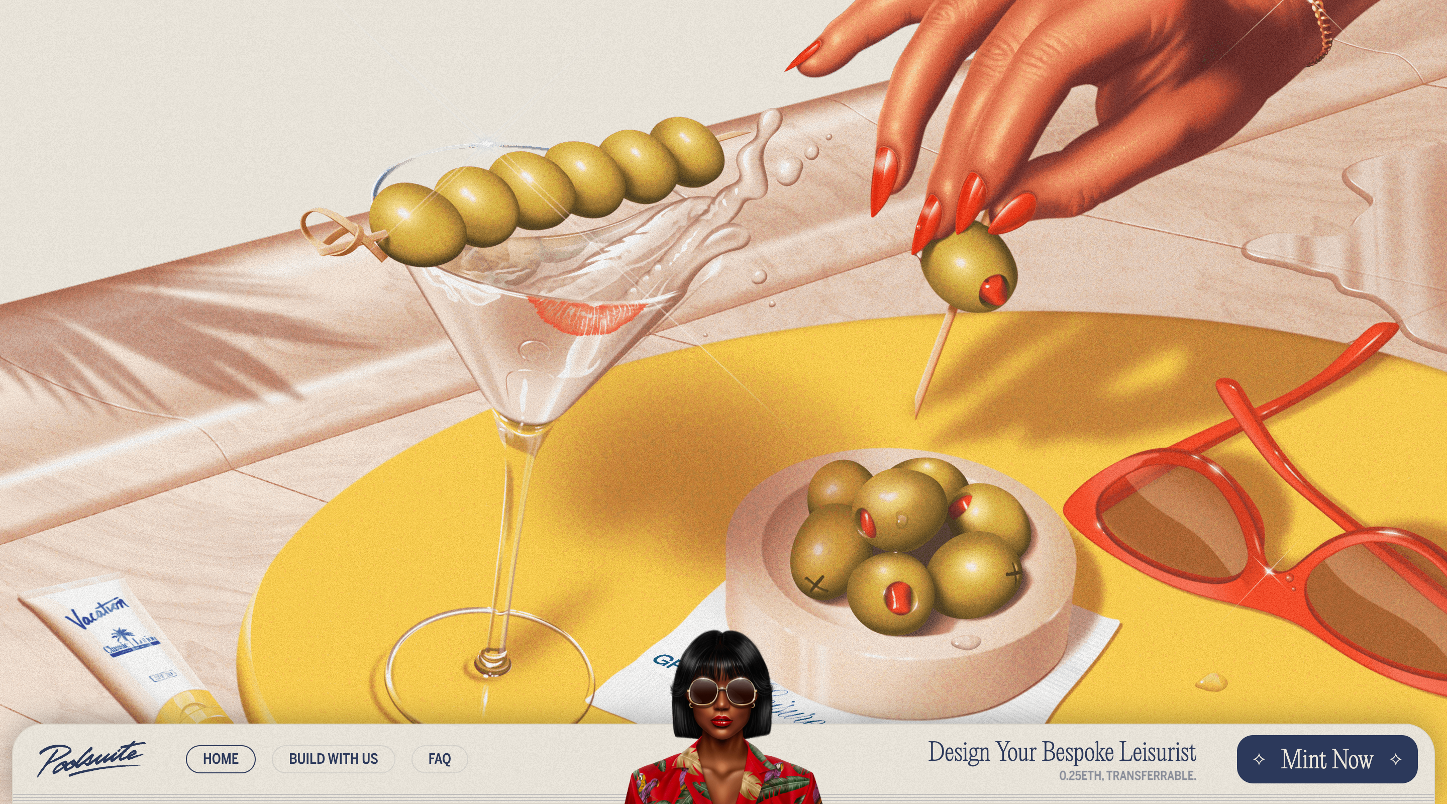 Screenshot of the Poolsuite Grand Leisure website. The entire page is cover with a detailed 90s-style illustration of a martini and a pile of green olives. At the bottom of the screen is a fixed navigation overlay that lists three page links in a row on the left side. In the middle of the overlay is an illustration of a rich person, and on the right is a large 'Mint Now' call-to-action button.