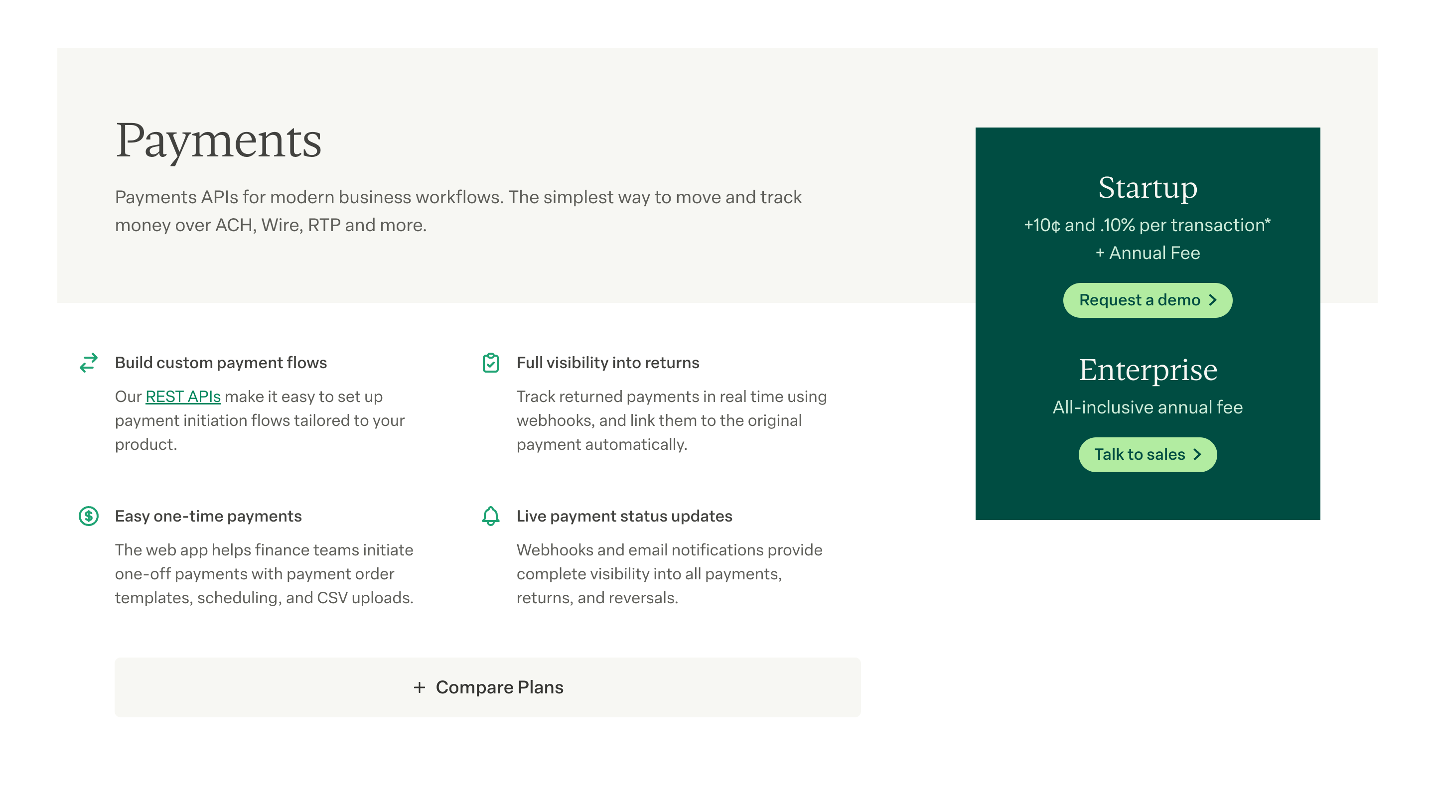 Screenshot of the 'Payments' section on the Modern Treasury website. The section explains the features of the Modern Treasury payments APIs, and has calls-to-action to 'Request a demo', 'Talk to sales', and 'Compare Plans'.