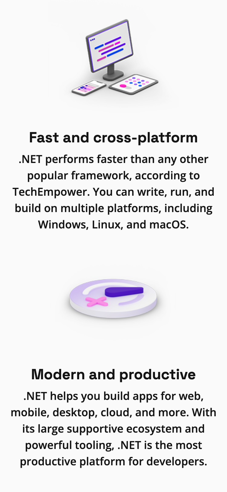 Feature section with a headline, some text, and an illustration above, shown on a 375px wide mobile device.
