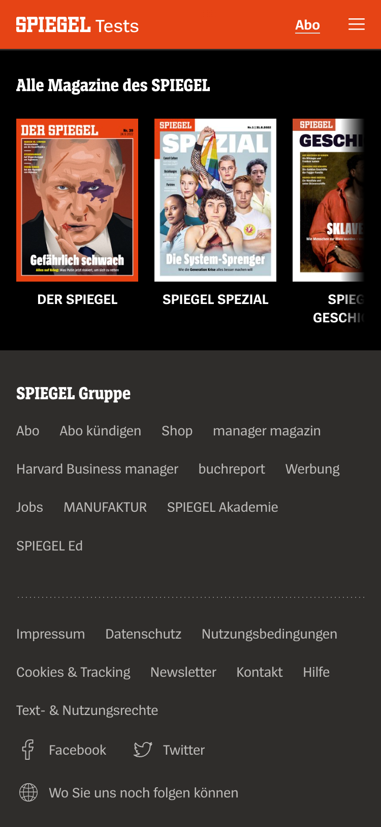 Mobile screenshot of the Der Spiegel website footer. The header contains the Spiegel logo and a menu button. Below that there is a row of magazine cover images that extend off screen. In the lower half of the screen there is a list of page links followed by social media links.