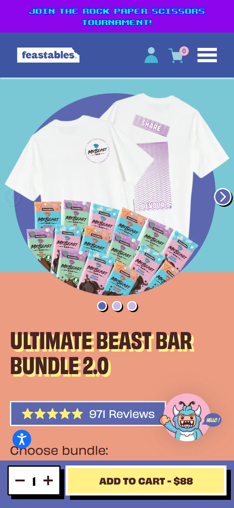 Mobile screenshot of the 'Ultimate Beast Bar Bundle 2.0' product page of the Feastables website. There is a photograph of the product, and below it is a product description and an 'Add to cart' button.