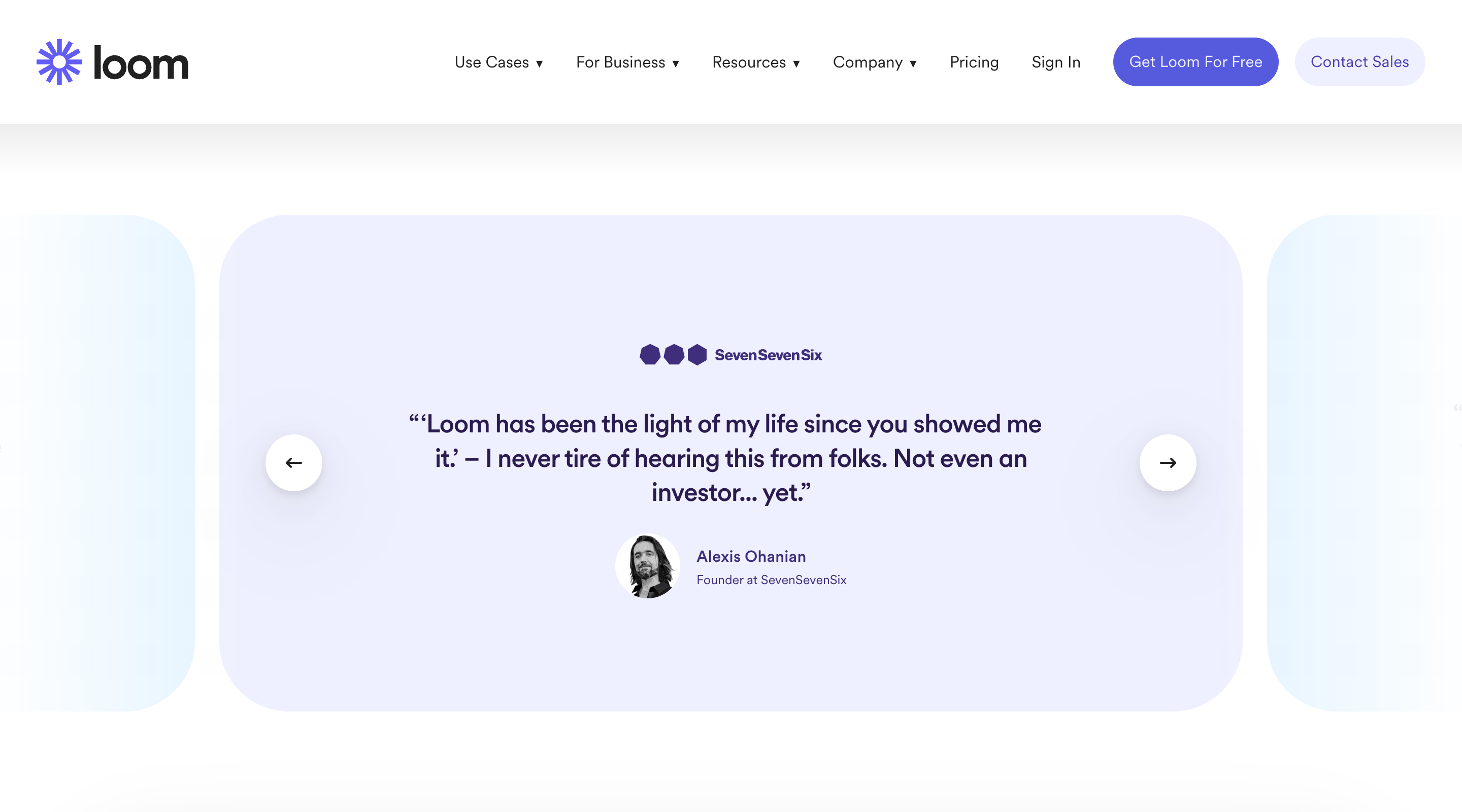 Screenshot of the Loom website showing a user testimonial. There are arrows are either side for navigating between testimonials.