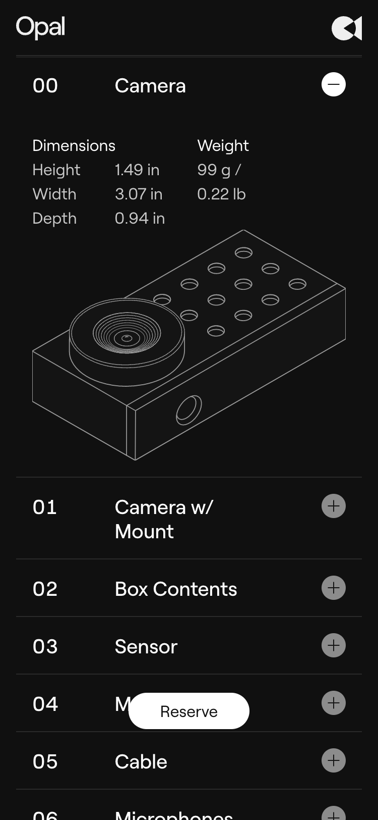 Mobile screenshot of the Opal website. The header contains the Opal logo. Underneath is a 3D outline of the Opal camera and details of the camera's dimensions and weight. There are additional collapsed sections underneath with titles such as 'Box Contents' and 'Cable'. At the bottom of the screen there is a 'Reserve' button.