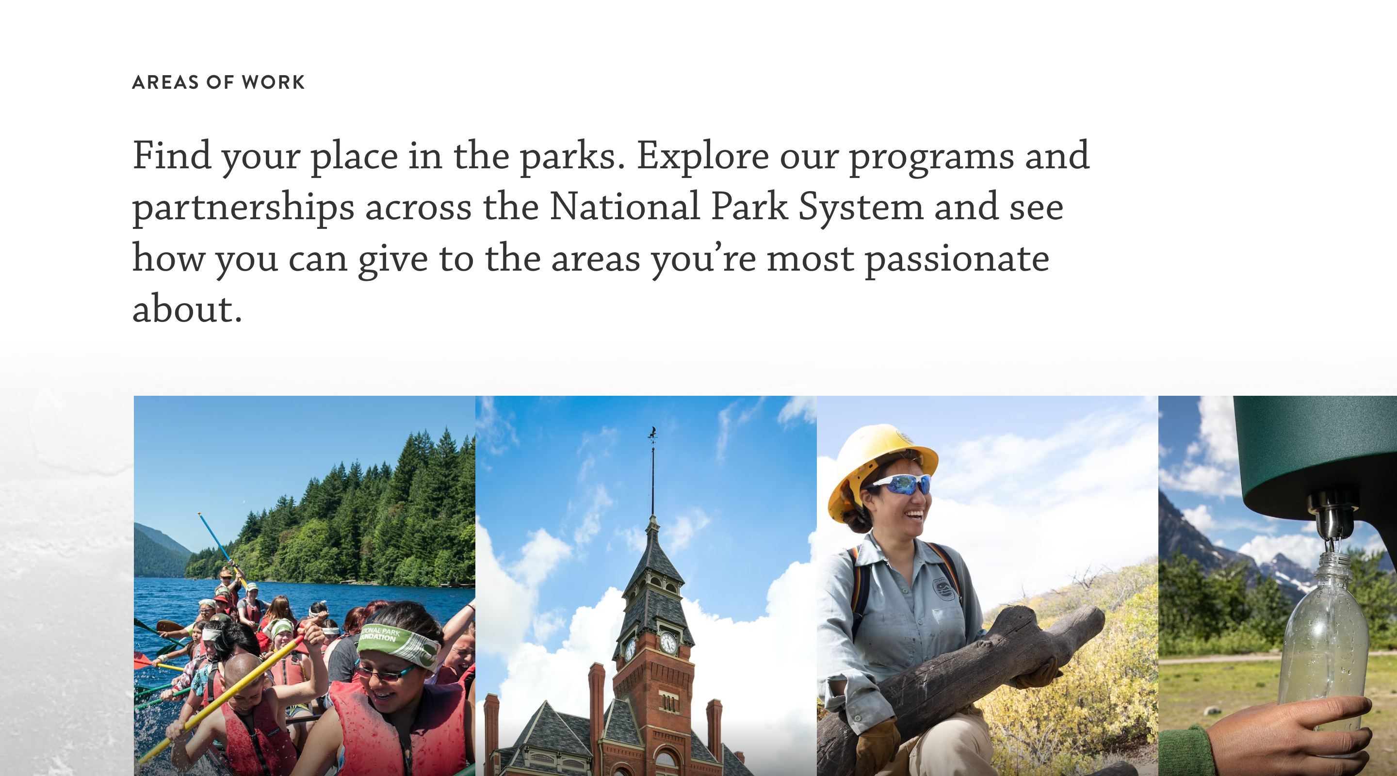 Screenshot of the 'Areas of work' section on the National Park Foundation website. The section contains an introduction paragraph followed by a series of images that represent the different programs and partnerships within the National Park System.