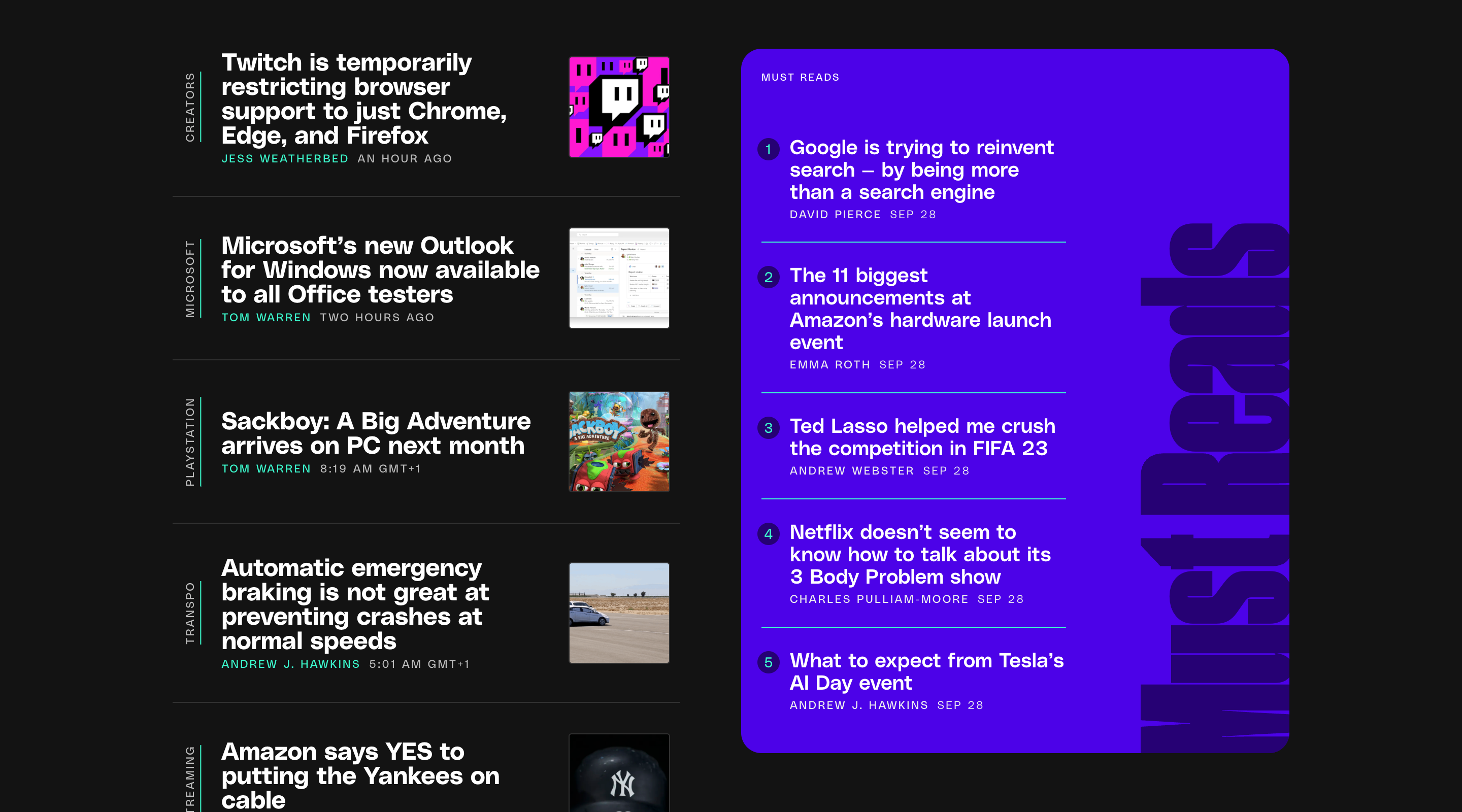 Screenshot of the Verge home page. The visible section lists articles in two columns. In the first column article titles are accompanied by small square images. On the right side (labelled 'Must Reads') articles are numbered one through five from top to bottom.