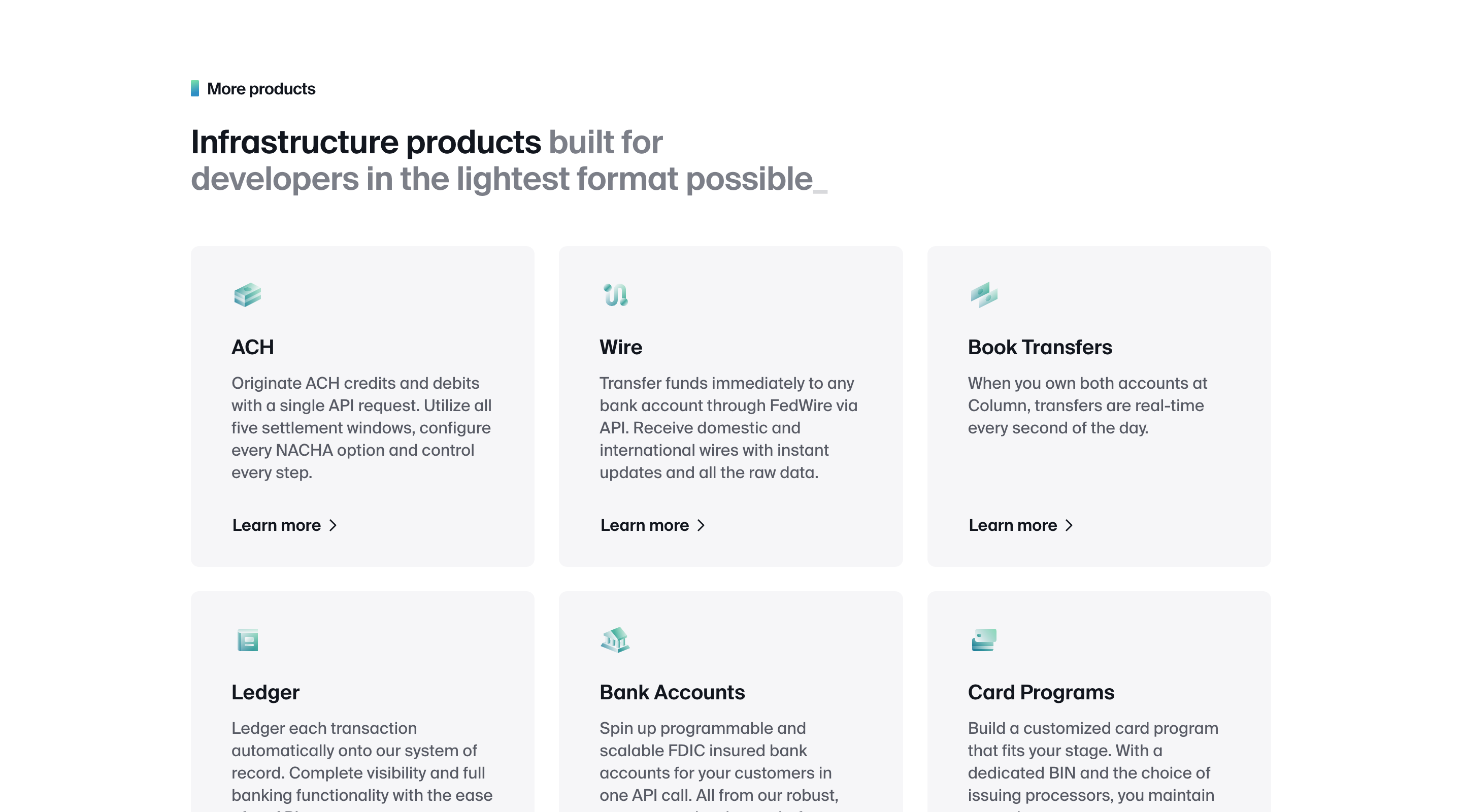 Screenshot of a 'More products' section on the Column website. The section lists products in blocks arranged in three columns. Each block contains the product name, a short description, a stylized icon, and a 'Learn more' button.