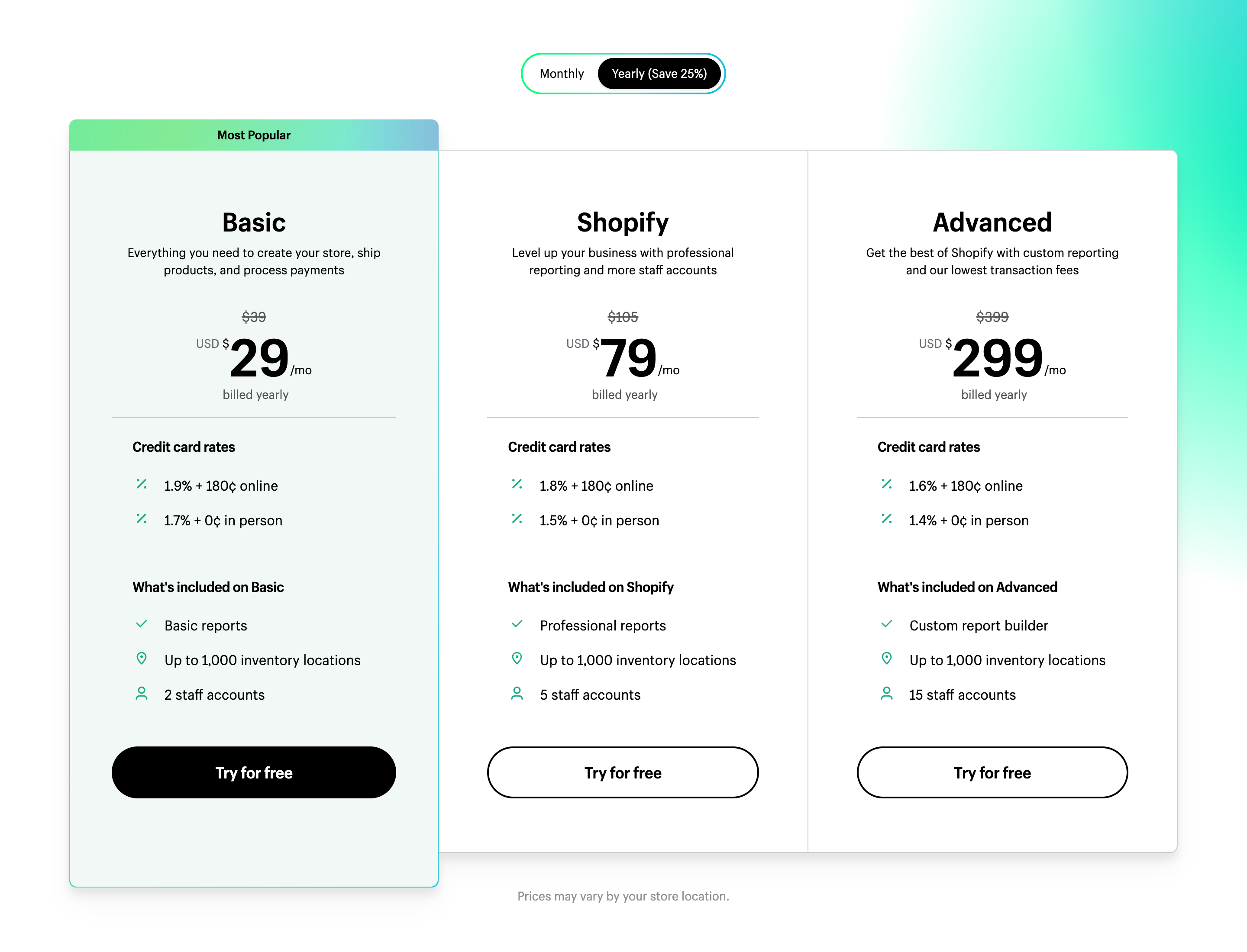 Screenshot of a pricing table on the Shopify website with three tiers. One tier is highlighted as “Most Popular” with a darker background color and a border.
